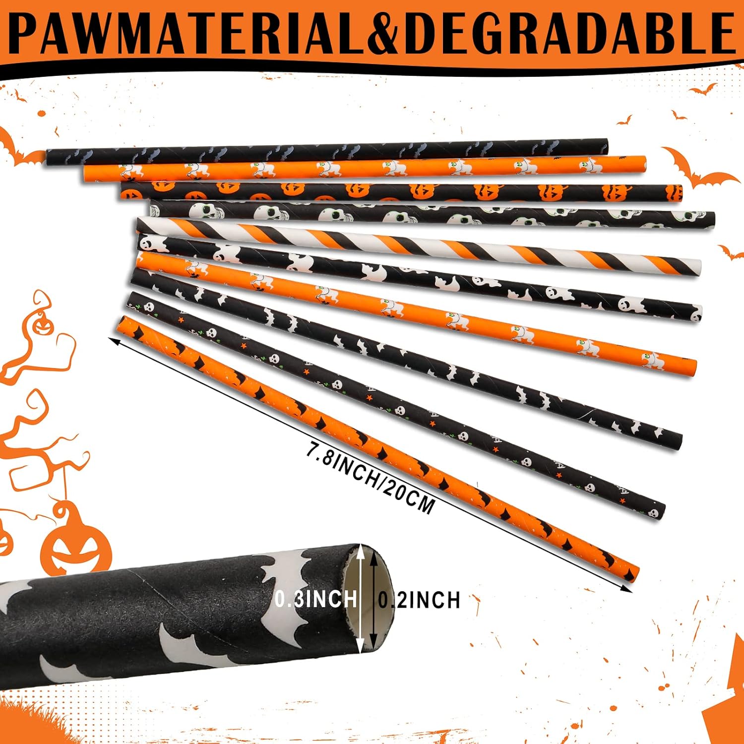 250 pajitas de papel de Halloween, color naranja, negro y blanco, pajitas de Halloween en murciélago y calabaza calavera para fiestas de Halloween