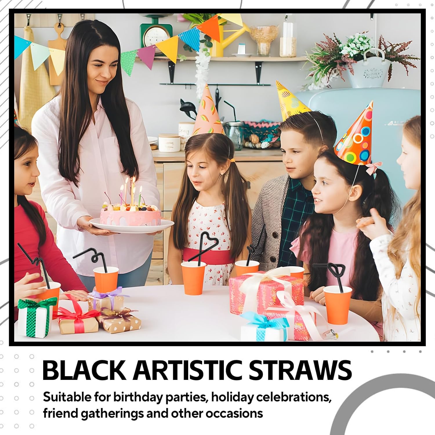 200 popotes de plástico flexibles negros, desechables, para fiestas, 13 pulgadas, extra largas, decoraciones de fiesta