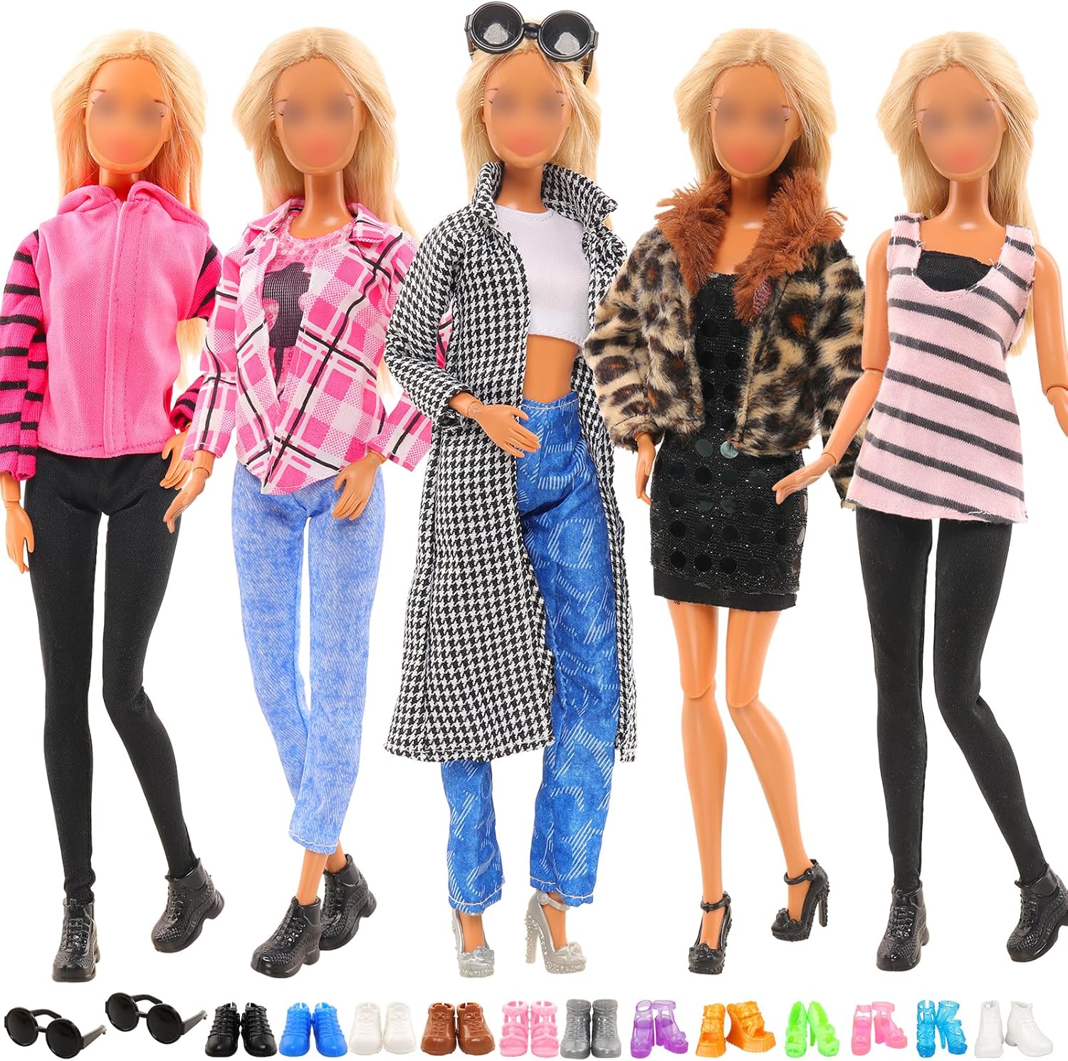 ENOCHT 5 juegos de ropa de muñeca incluye chaquetas, ropa casual, tops y pantalones, 2 gafas, 5 tenis, 5 zapatos para muñecas de 11.5 pulgadas, ropa