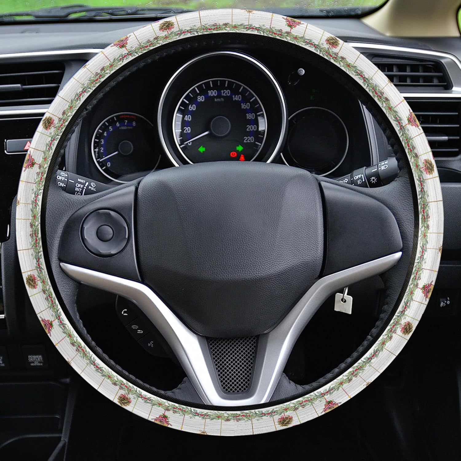 Funda para volante de automóvil, bolas de Navidad, hojas de bayas, de madera blanca, retro, elástica, esponja, volante, funda protectora para