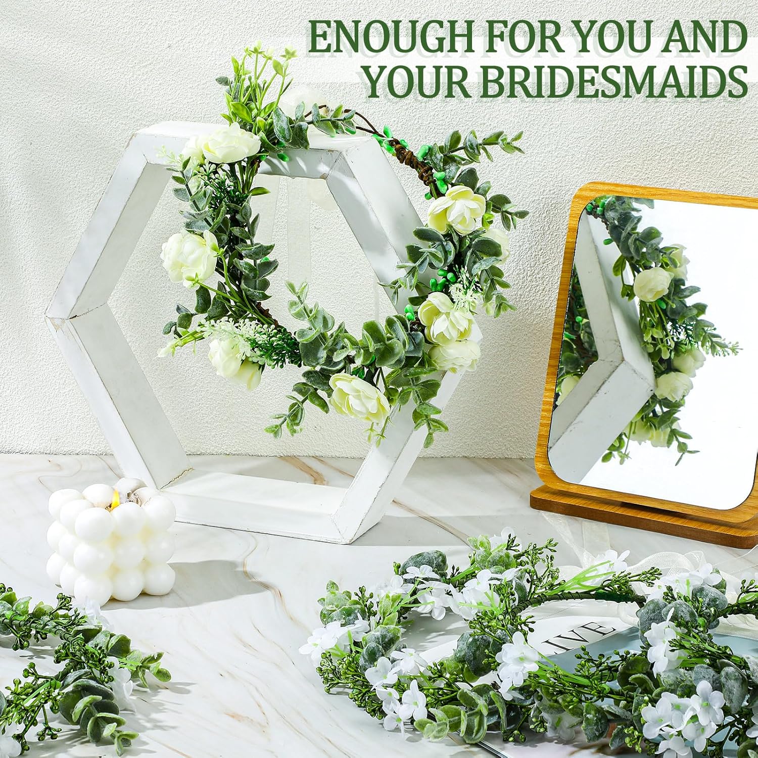 5 piezas de corona de hojas verdes florales para mujer, diadema de flores blancas bohemias, diadema ajustable para el cabello, diadema de flores con