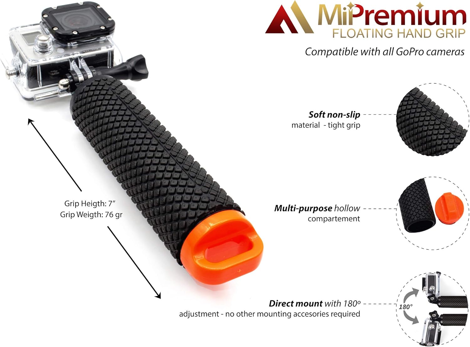 Agarre flotante impermeable compatible con GoPro Hero 10 9 8 7 6 5 4 3+ 2 1 sesión, kit de accesorios de montaje para deportes acuáticos y cámaras