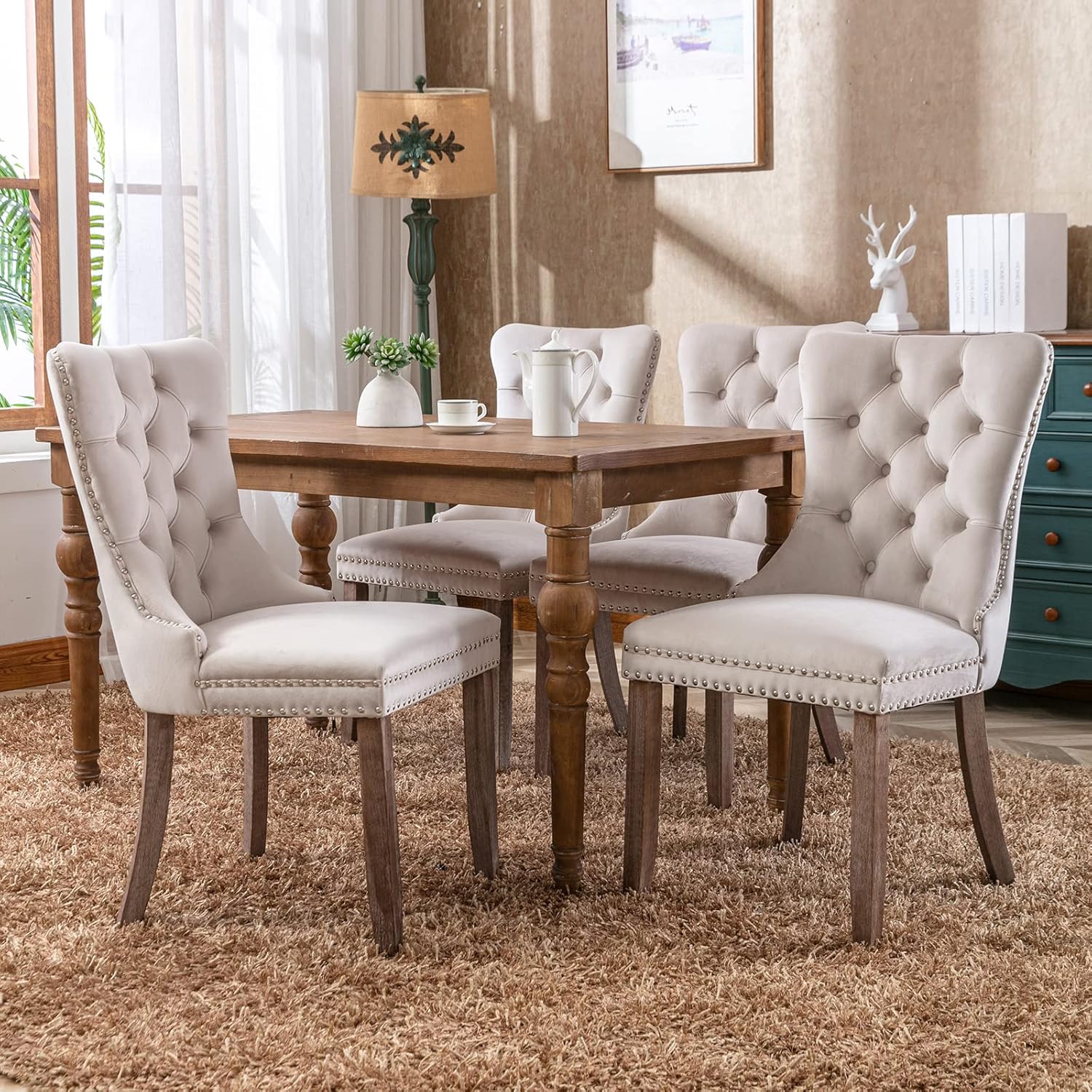 Juego de 2 sillas de comedor de terciopelo beige, juego de 2, sillas de comedor copetudas, sillas de comedor tapizadas de terciopelo, marco de