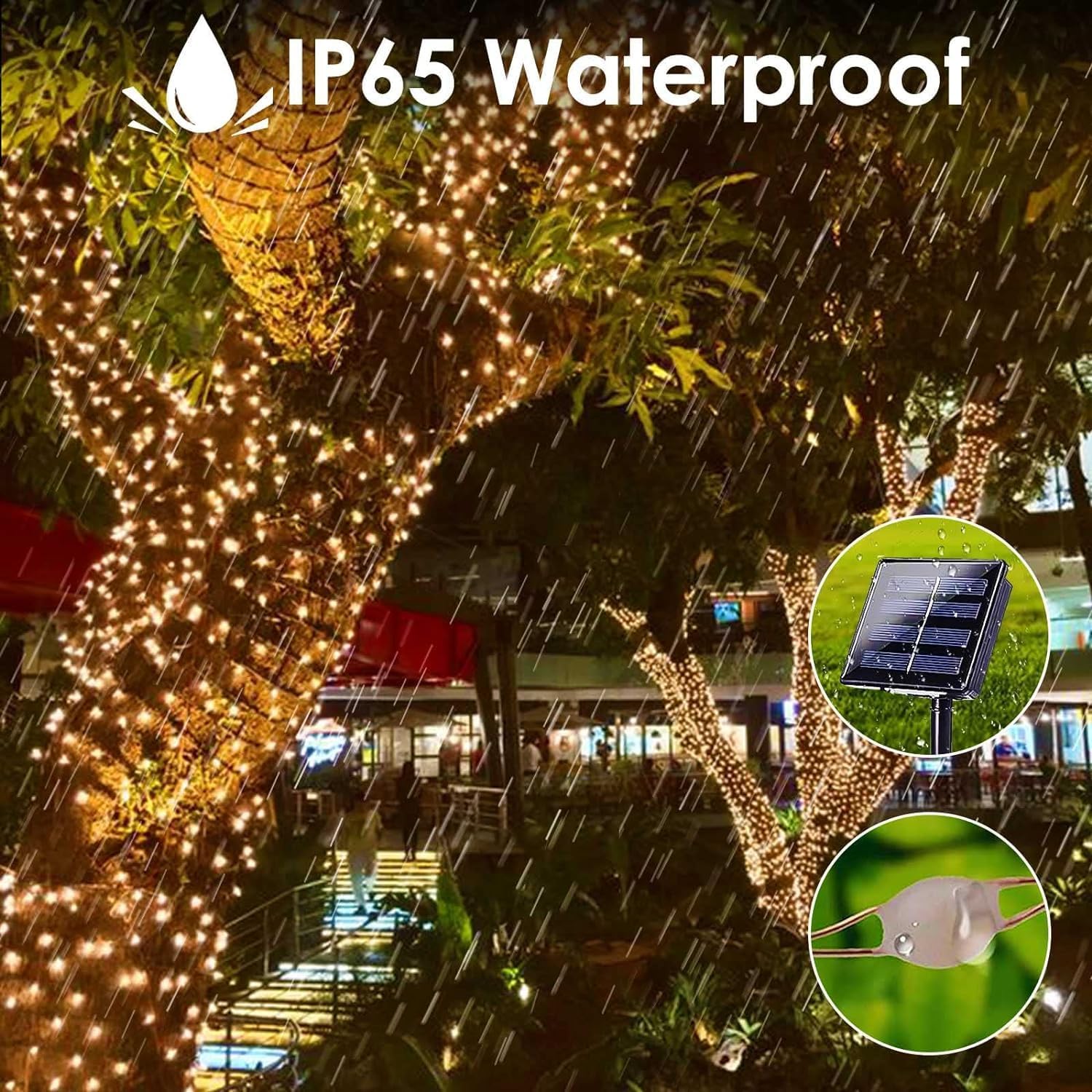 Paquete de 2 tiras de 200 luces LED solares de 66 pies para exteriores, funciona con energía solar, impermeable, con 8 modos, luces solares