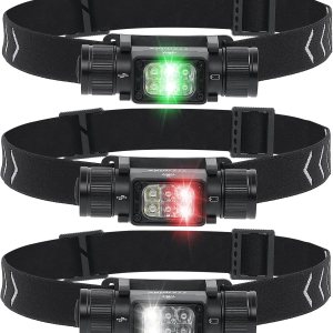 Faros multifuncionales, luz roja, verde y blanca, faros LED en y 7 modos, hechos de aleación de aluminio con rotación de 180 grados y recargable Faros multifuncionales, luz roja, verde y blanca, faros LED en y 7 modos, hechos de aleación de aluminio con rotación de 180 grados y recargable