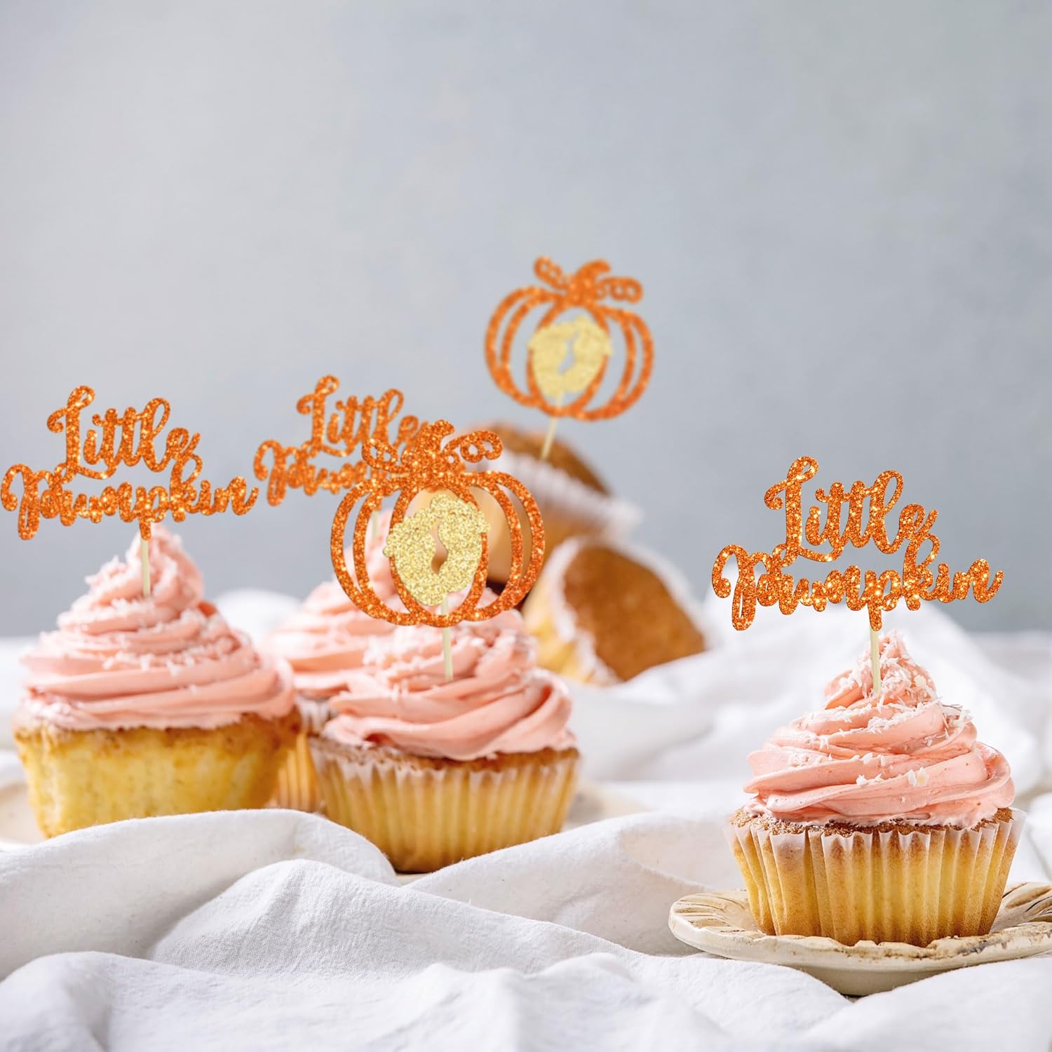 24 adornos para cupcakes de calabaza con purpurina naranja para baby shower, decoraciones de pastel de calabaza para Acción de Gracias, Halloween,