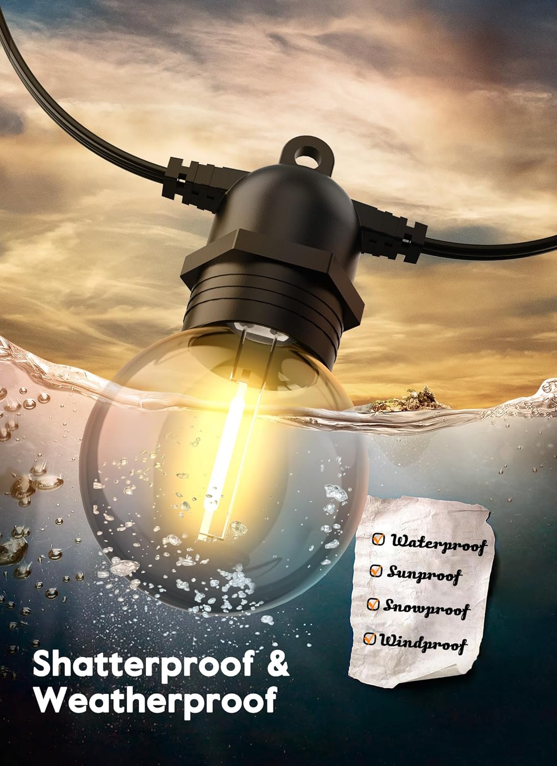 Brightown Tira de luces solares para exteriores de 34 pies  LED G40 Pro Globe Patio ahorro de energía con 11 bombillas inastillables, 3 modos de