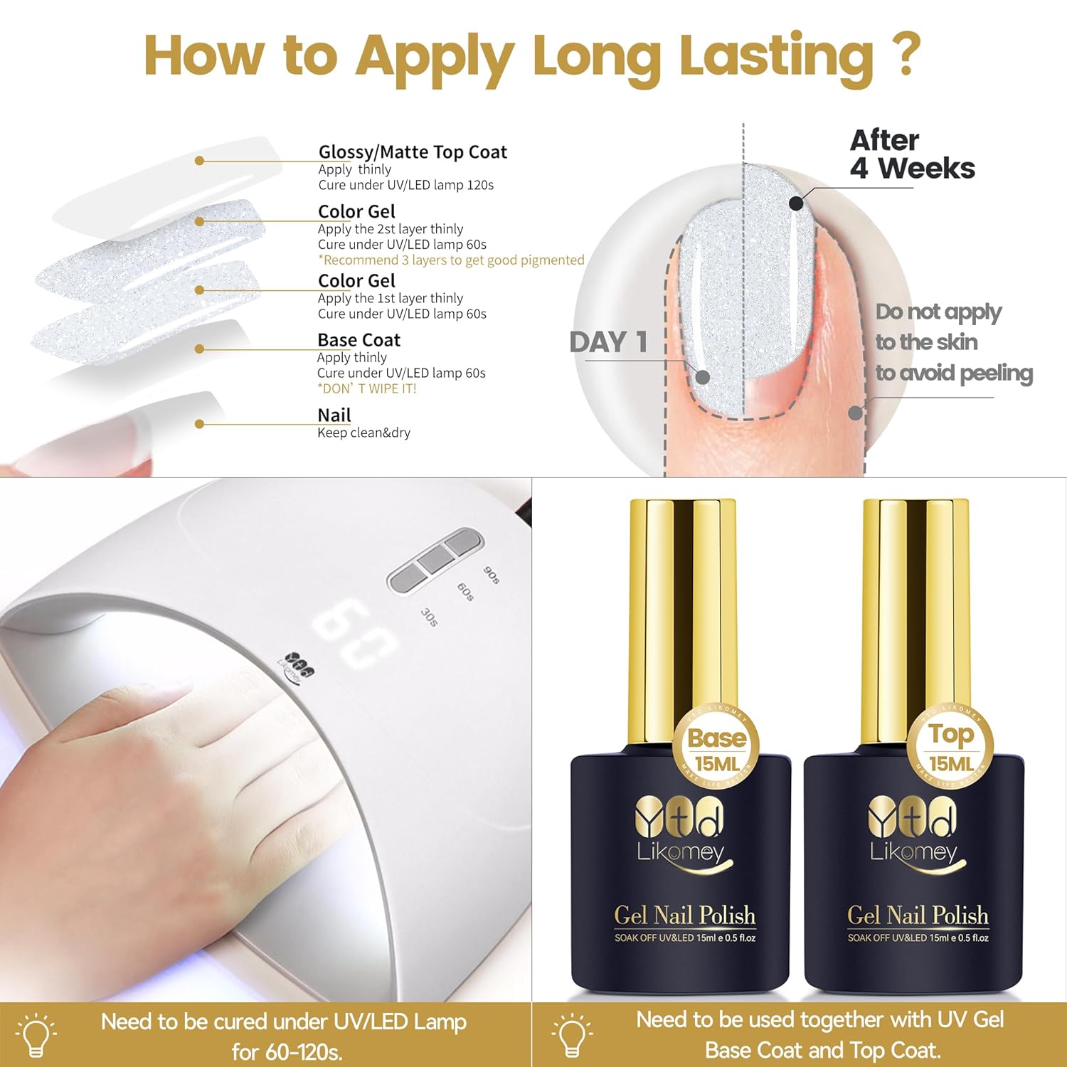 YTD Likomey Esmalte de uñas de gel con purpurina nude de 0.5 fl oz, color blanco lechoso perlado brillante gelatina translúcida neutro, holográfico,