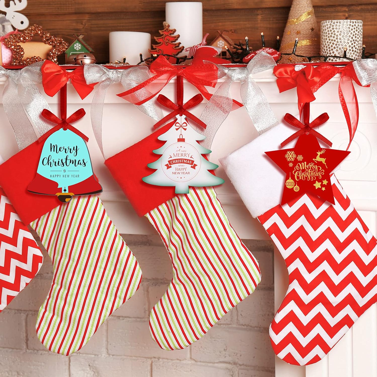 Adornos de Navidad de acrílico transparente de 3 pulgadas, medias de Navidad con forma de campana, adornos acrílicos para colgar con cinta para