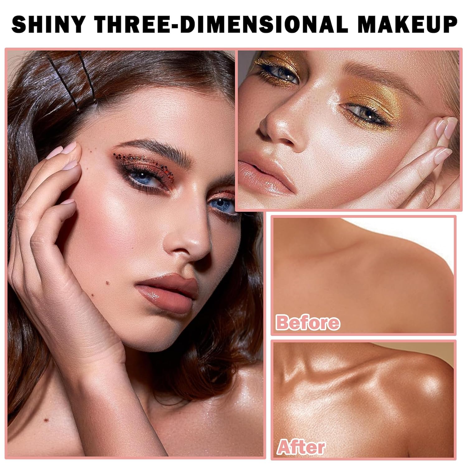 Set de polvos de maquillaje con resaltador rosa y blanco para rostro, brillo de contorno de larga duración, iluminadores de maquillaje, paleta de