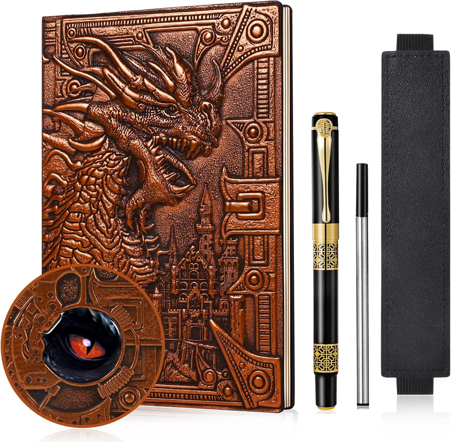 DND – Cuaderno de dragón de cuero en relieve 3D, diario de viaje vintage A5 con funda para bolígrafo y bolígrafo, diario diario diario hecho a mano