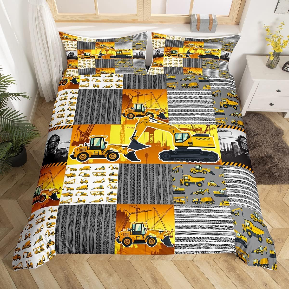 Juego de ropa de cama de construcción, funda de edredón de camión volquete de grúa, excavadora, mezclador de cemento, juegos de cama matrimonial,