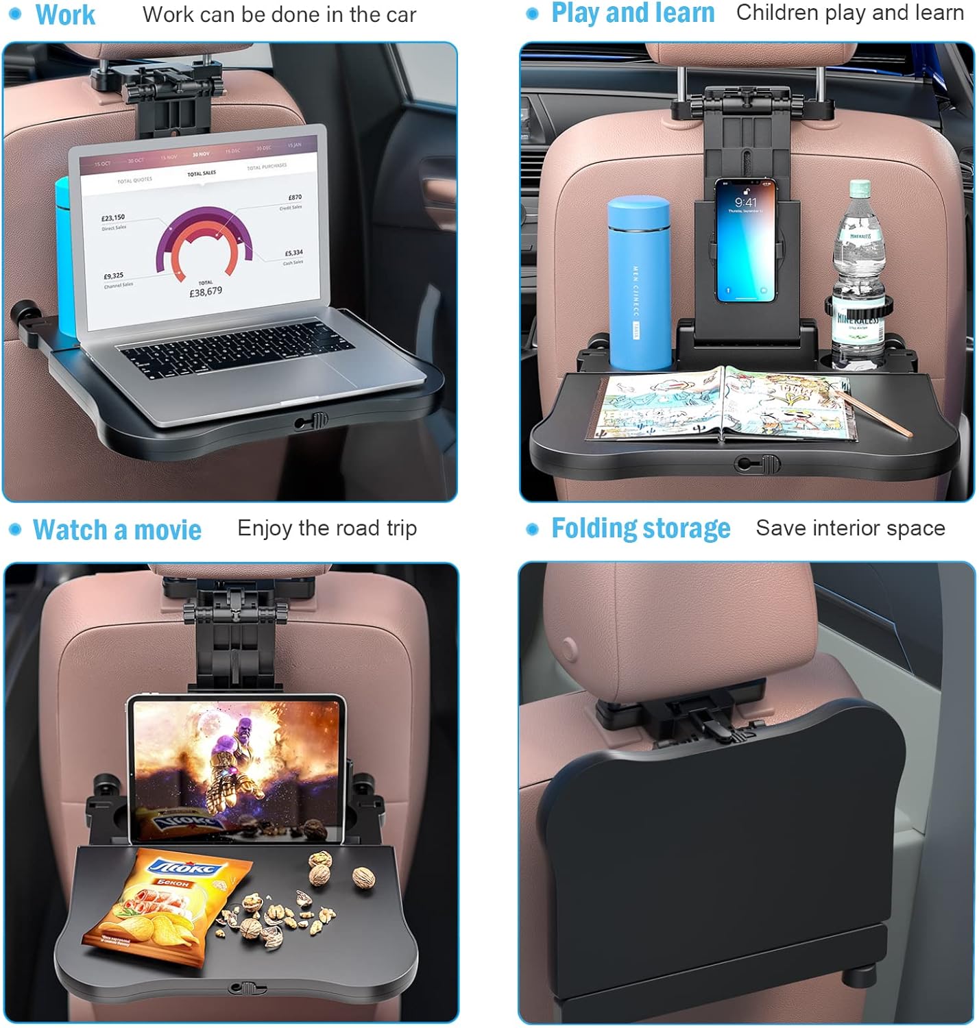 Mesa de bandeja para asiento trasero de automóvil, bandeja plegable para el asiento trasero del automóvil, escritorio para computadora portátil para