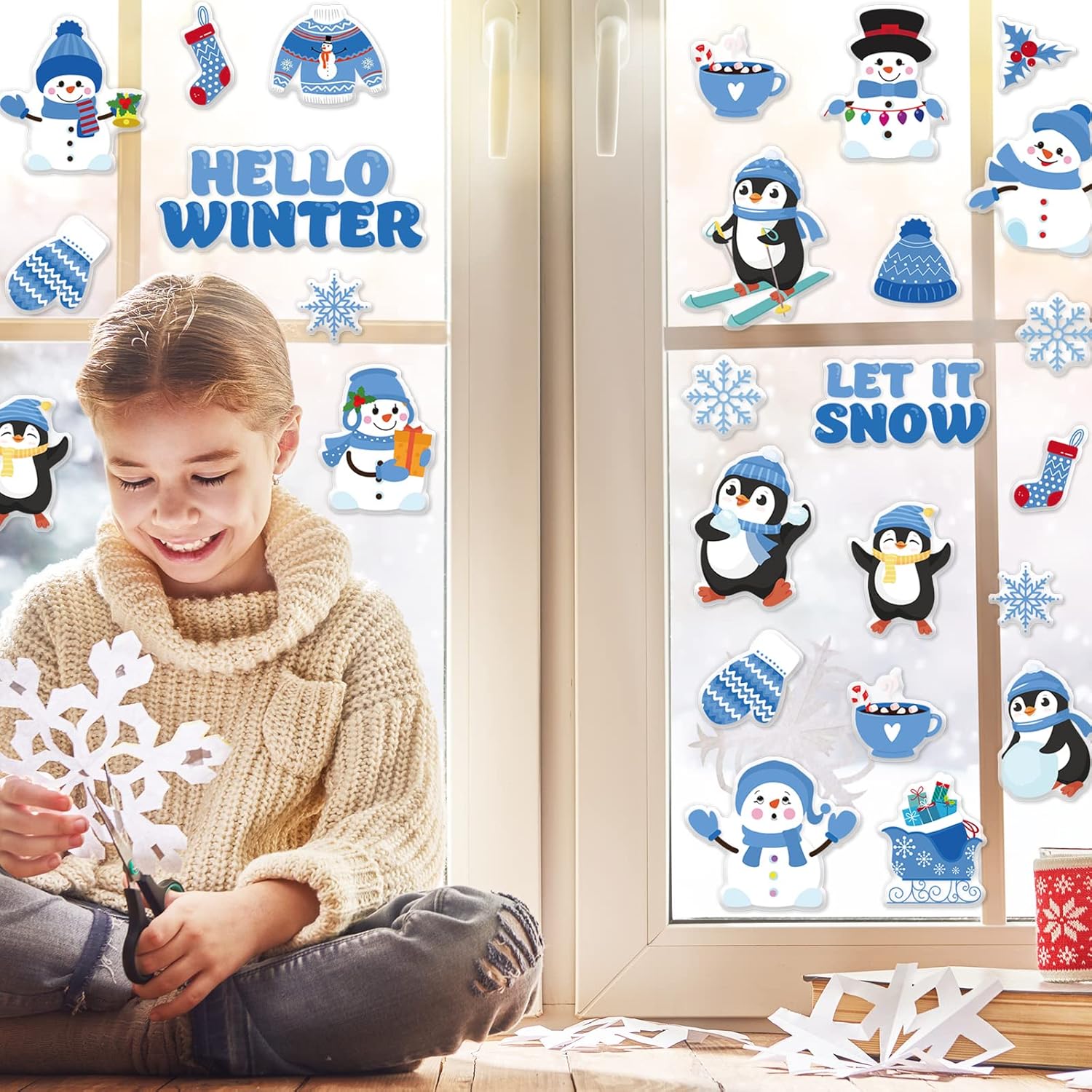 Whaline 2 hojas de calcomanías de gel gruesas de invierno, muñeco de nieve, pingüino, copo de nieve, ventana, reutilizables, lindos hola invierno,