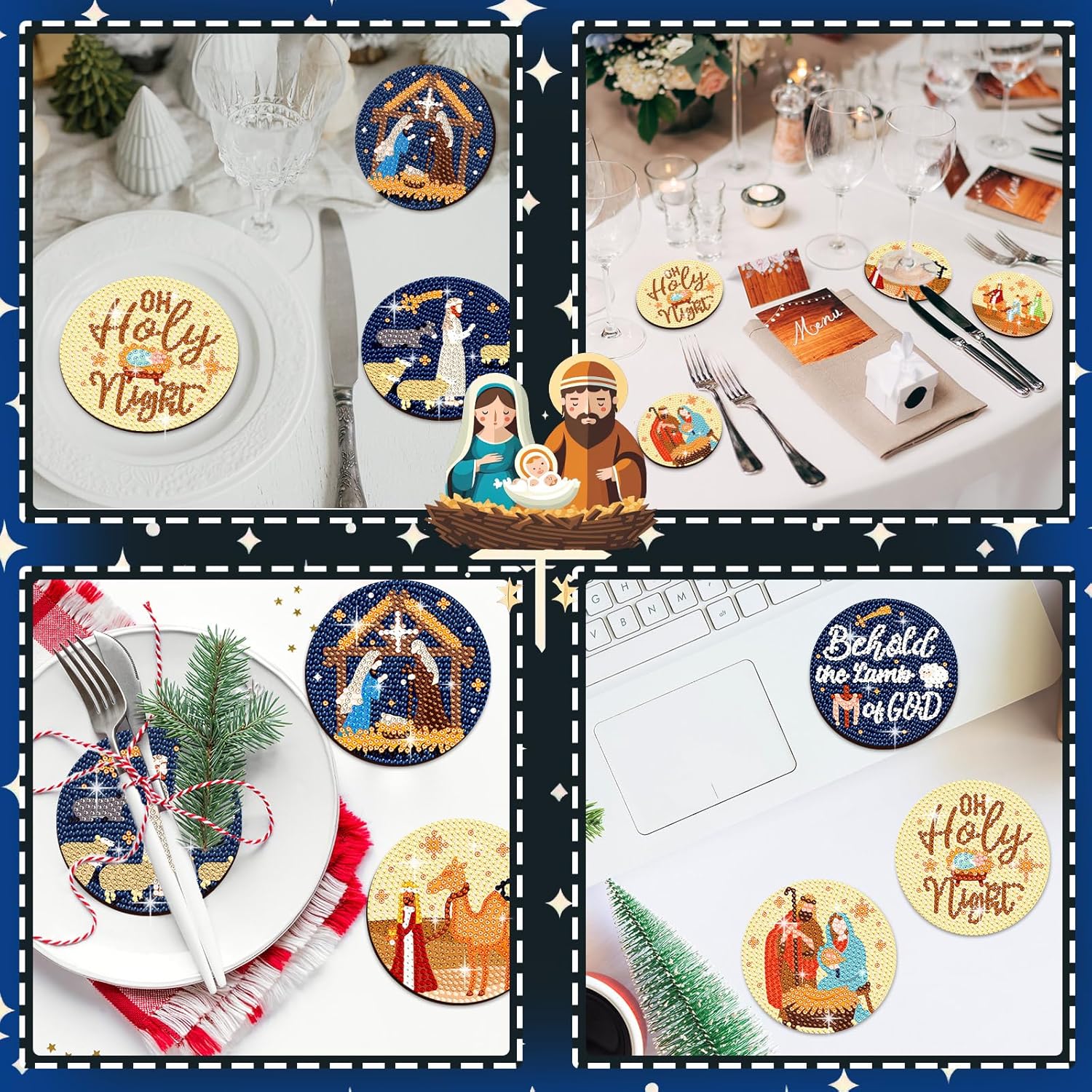 8 posavasos de arte de diamantes de Navidad, posavasos de pintura de diamantes de caramelo con soporte, kit de pintura de diamantes de Navidad,