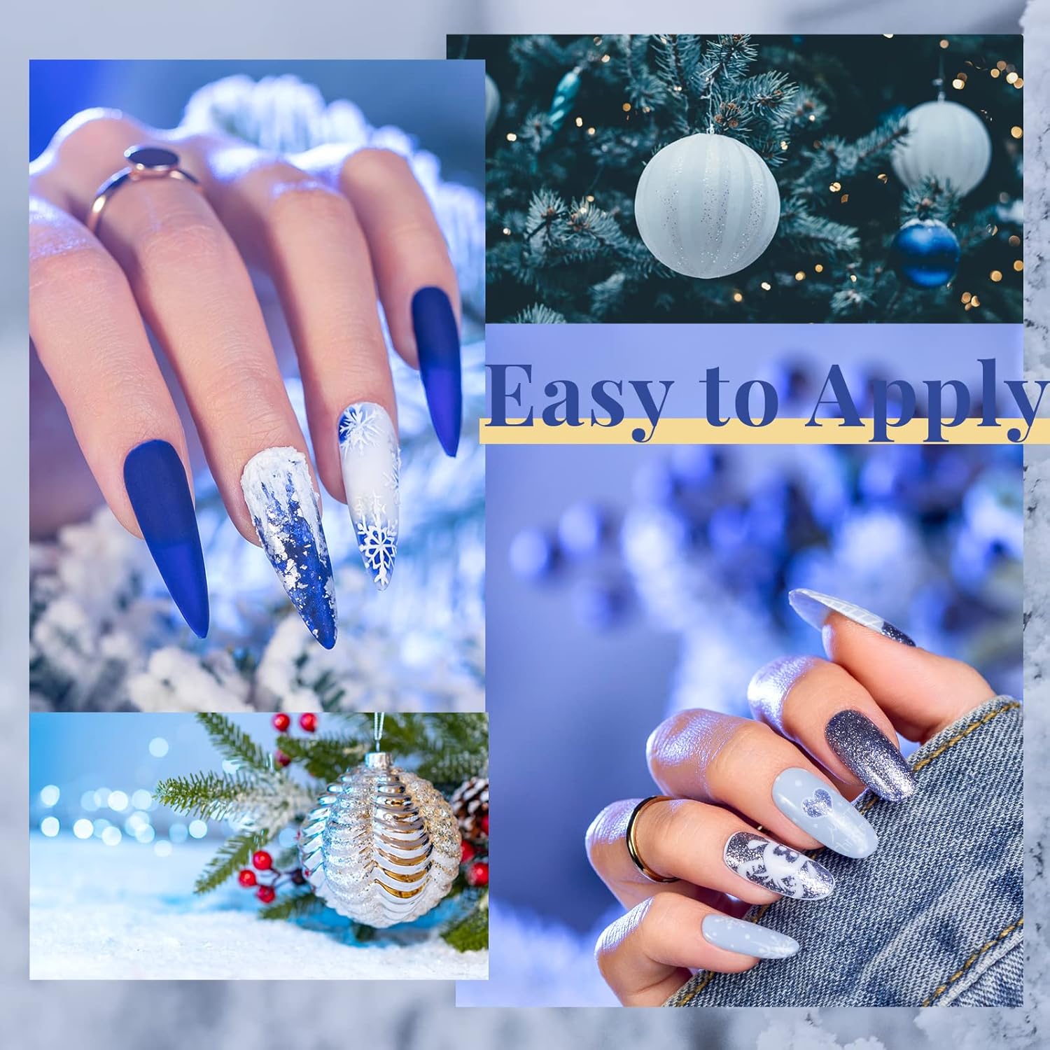 Beetles – Juego de 6 esmaltes de uñas de gel, 5 colores con purpurina, blanco, azul, plateado, con fortalecedor, adhesivo de uñas, usar con lámpara