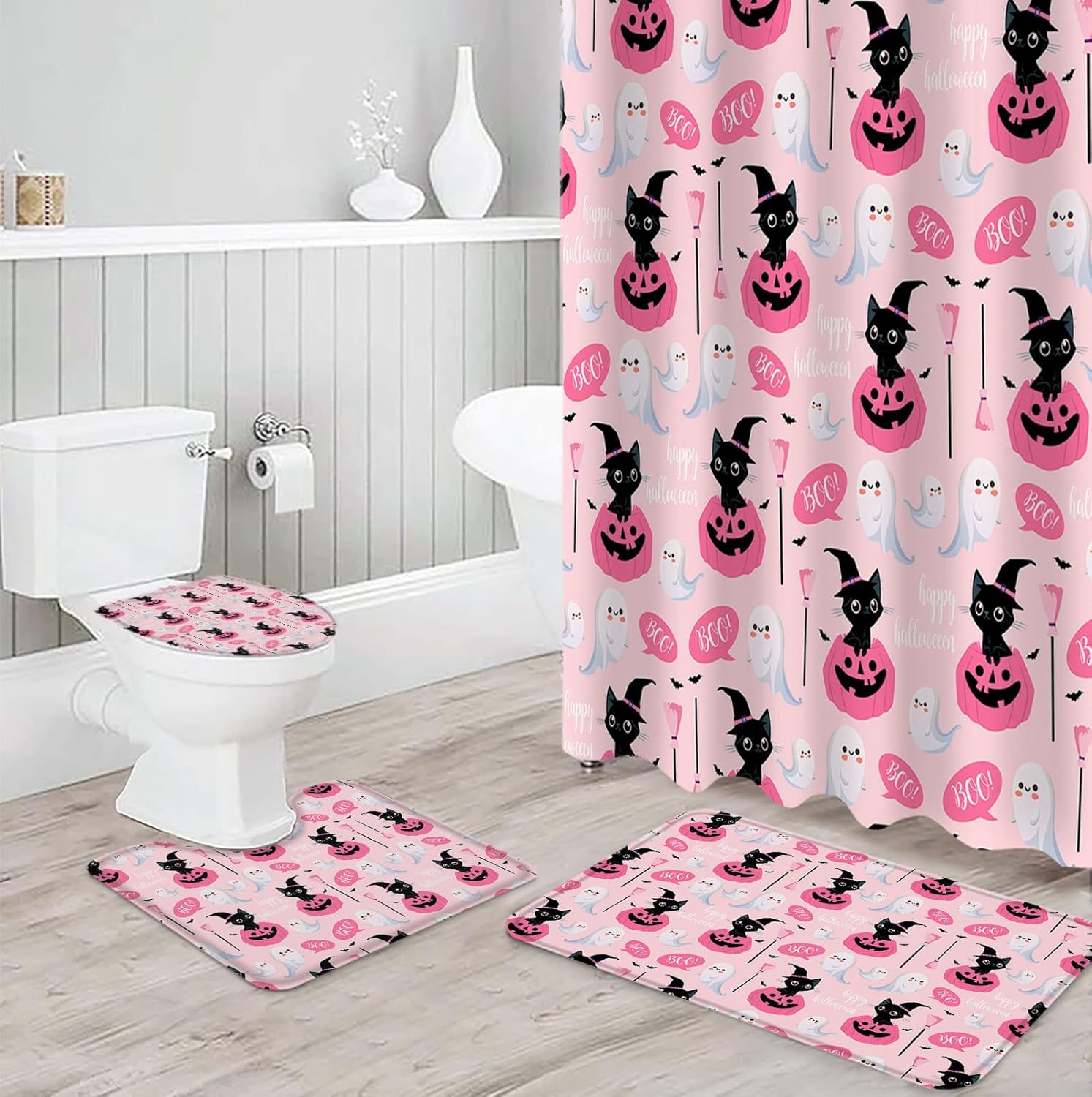 Juego de baño de Halloween con cortina de ducha y accesorios  36 x 72 pulgadas de largo, cortina impermeable con alfombra de baño pequeña, alfombra
