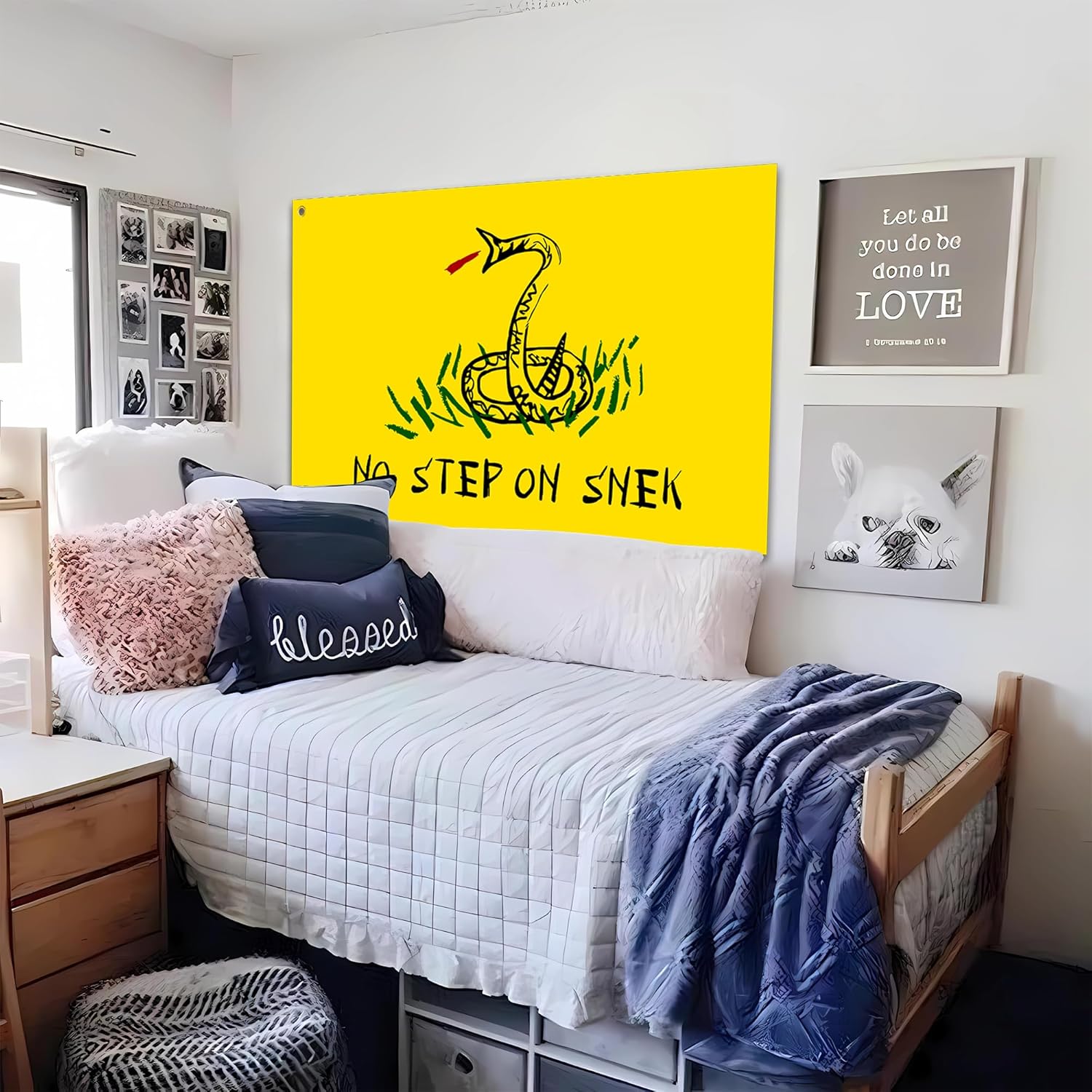 Bandera de No Step On Snek de 3 x 5 pies, divertida pancarta de pared con texto en inglés “Man Cave Don’t Step on Snek” para habitación,