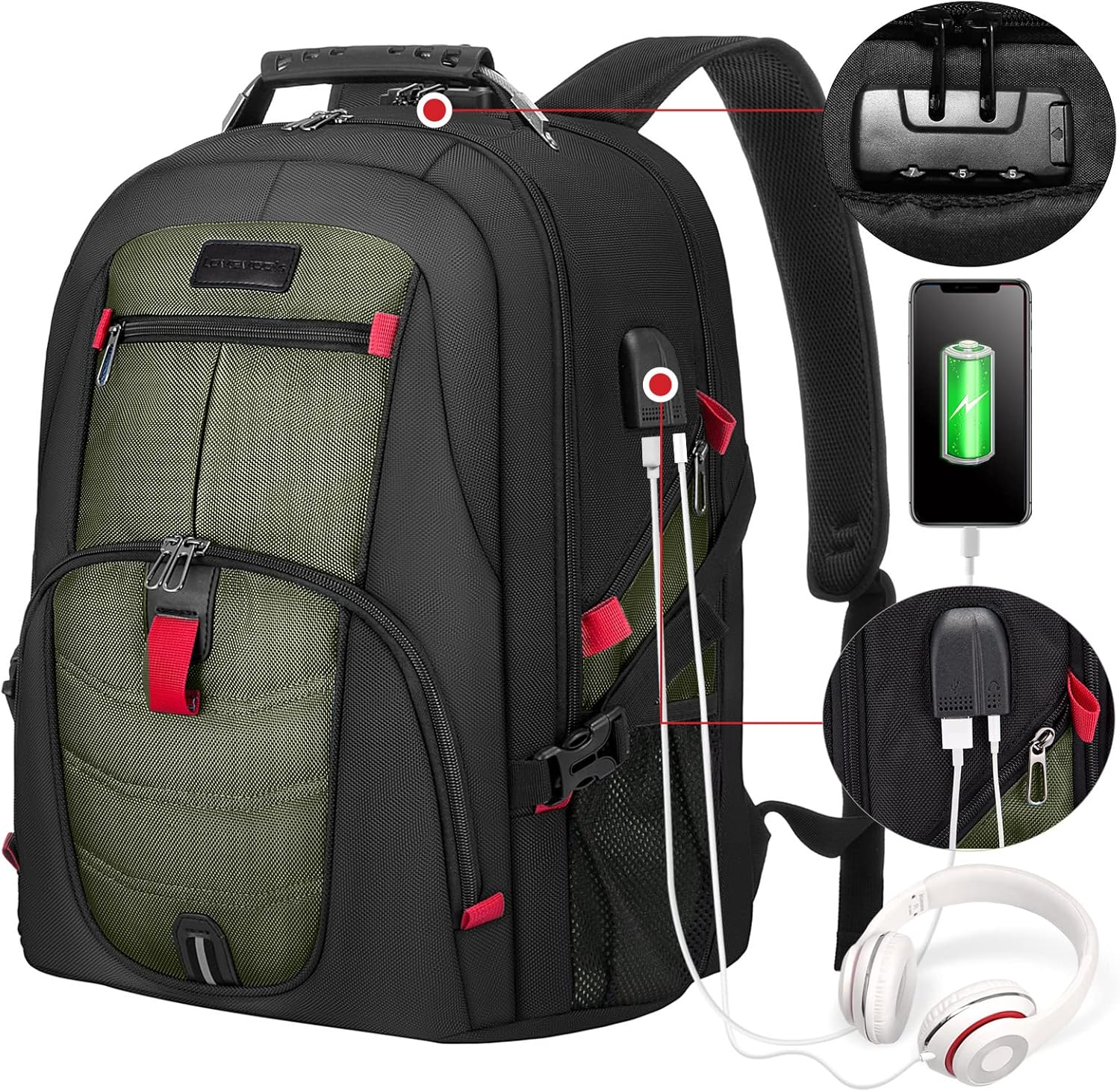 Mochila grande de viaje y para laptop, es impermeable, antirrobo, con cerradura y puerto de carga USB, para negocios, escuela, universidad, para