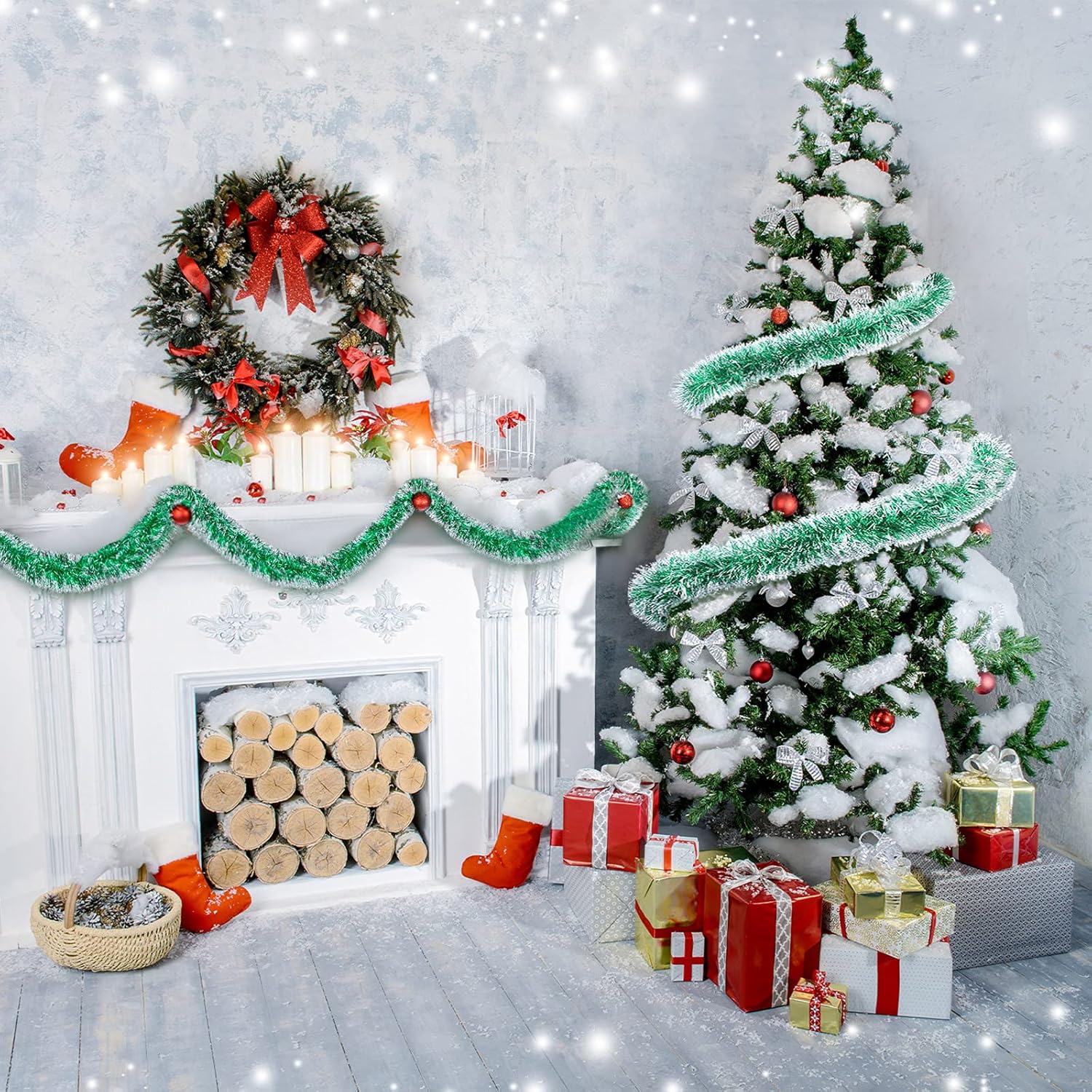 Waydress Guirnalda de oropel de Navidad, guirnalda metálica brillante para árbol de Navidad, decoración de oropel colgante de Navidad, corona de