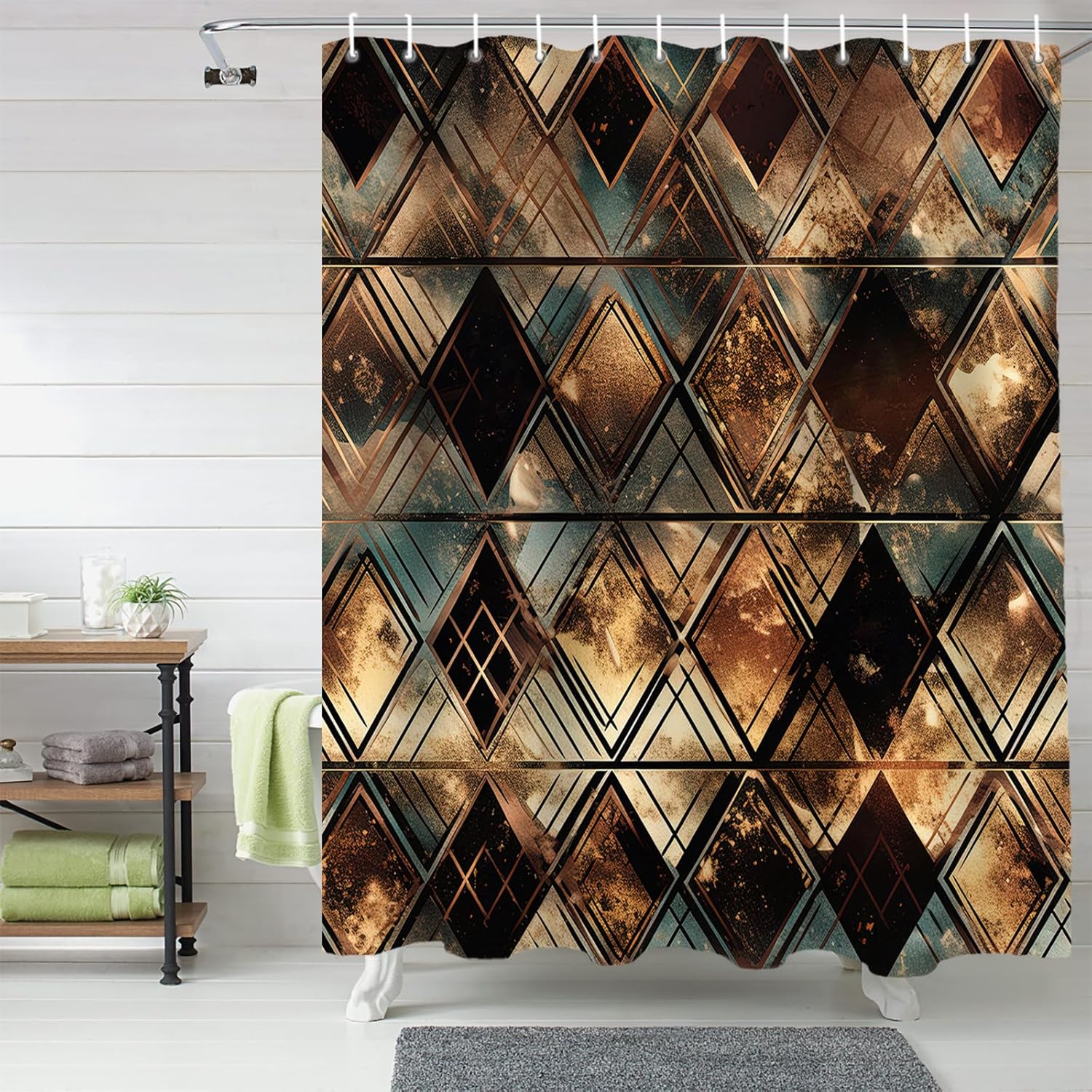 Juego de cortinas de ducha impermeables con 12 ganchos, diseño geométrico de rombos dorados, negro, azul, 72 x 72 pulgadas, cortina de ducha para