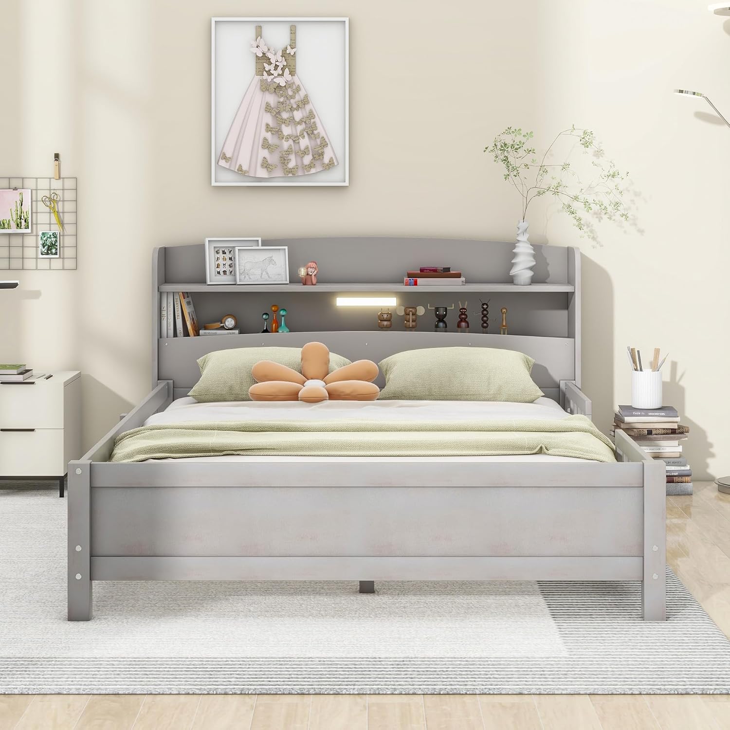 Harper & Bright Designs Cama de plataforma de tamaño matrimonial con cabecera de almacenamiento, luz LED integrada y barandilla, marco de cama