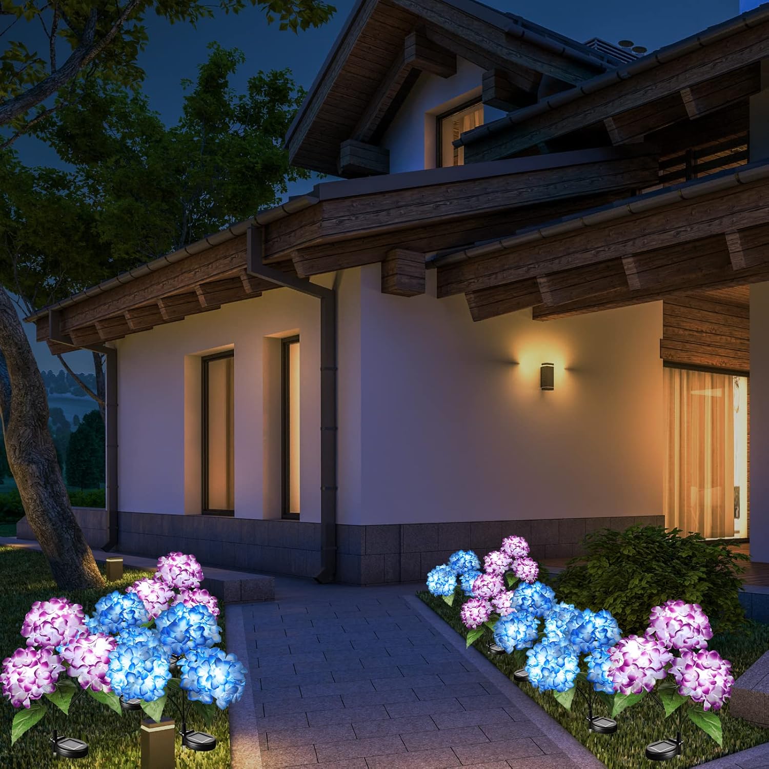 Flores solares, luces solares de flores para jardín al aire libre, impermeables, con estaca solar de hortensias, decoración de jardín de flores