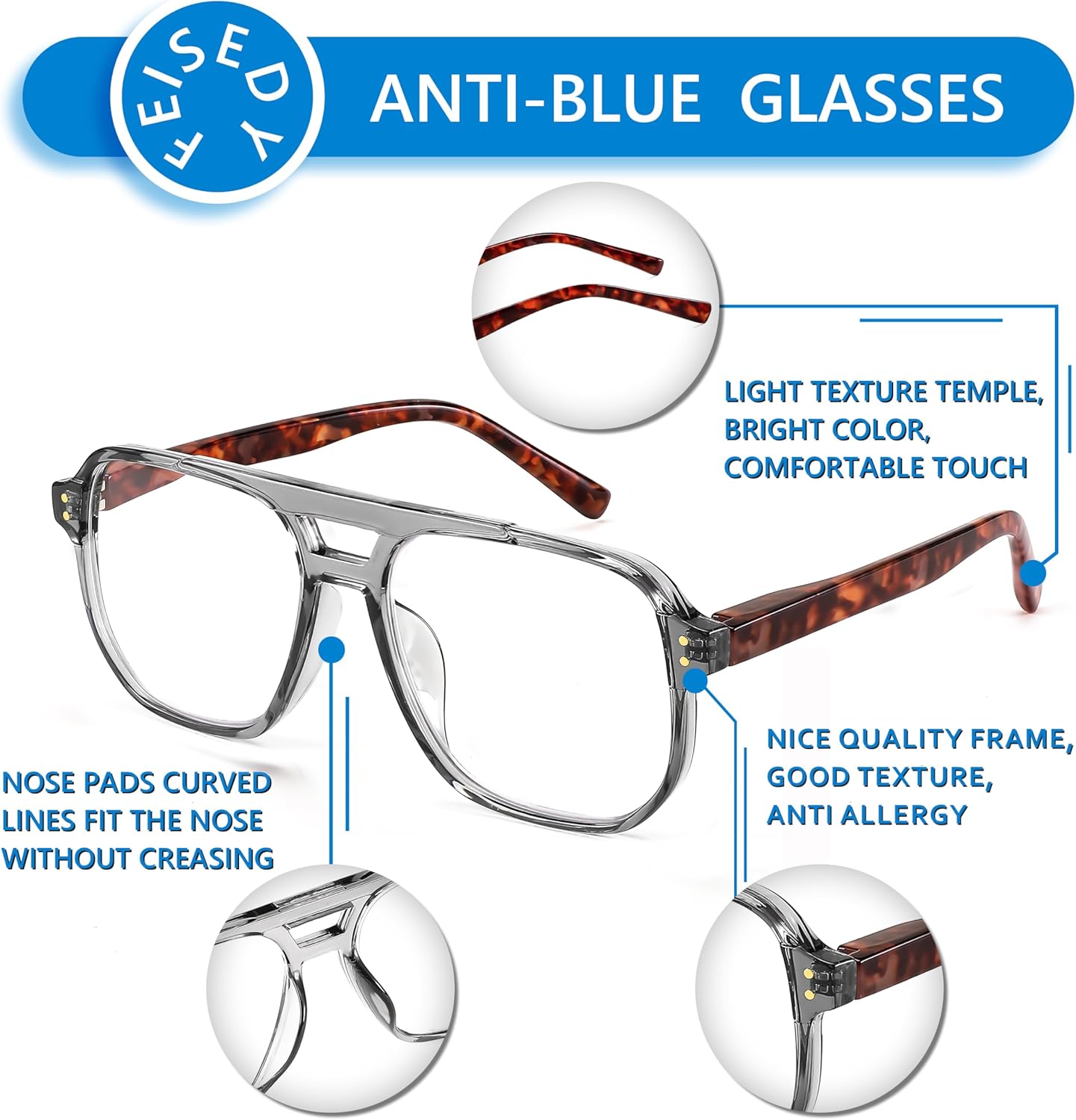 FEISEDY Retro Aviador Lectura Gafas Mujeres Hombres Azul Bloqueo Luz Lector Plástico Ligero Marco B0071