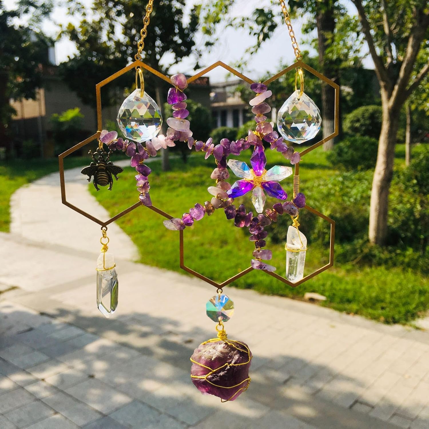 Atrapasoles de cristales para colgar en la ventana, diseño de panal de abejorros, hecho a mano, para el hogar, interior, exterior, jardín, adorno de