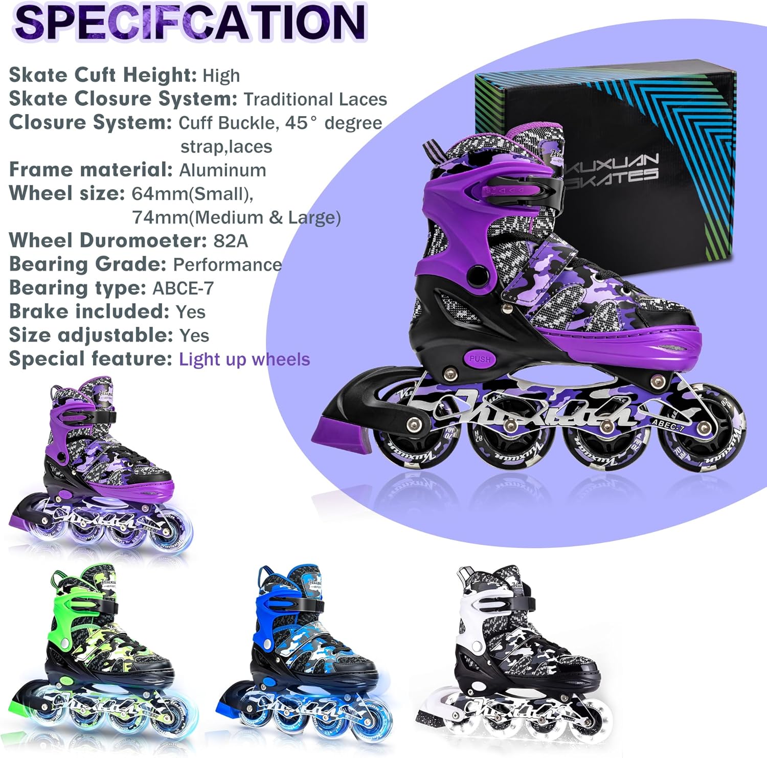 Kuxuan Skates Patines en línea ajustables para niños y jóvenes con ruedas de luz completa, camuflado, diversión al aire libre, patines iluminadores