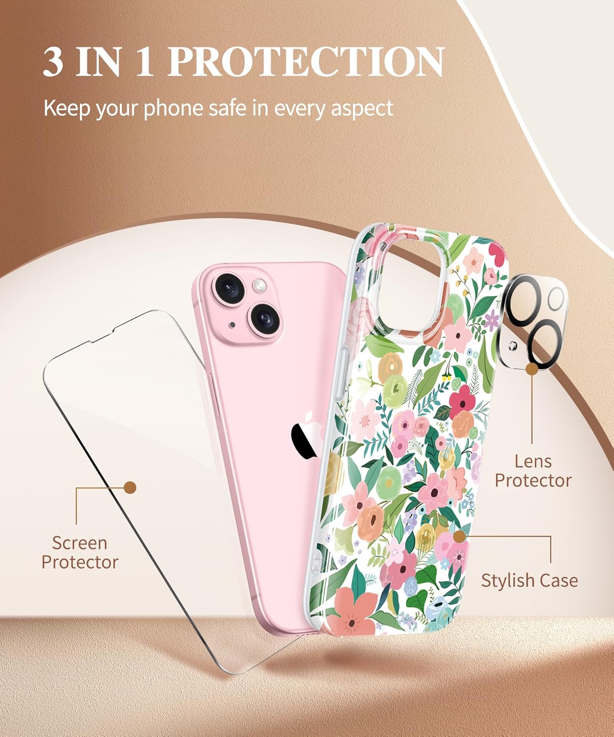 GVIEWIN Funda floral para iPhone 15, con protector de pantalla y protector de lente de cámara, protección contra caídas de grado militar de 10 pies
