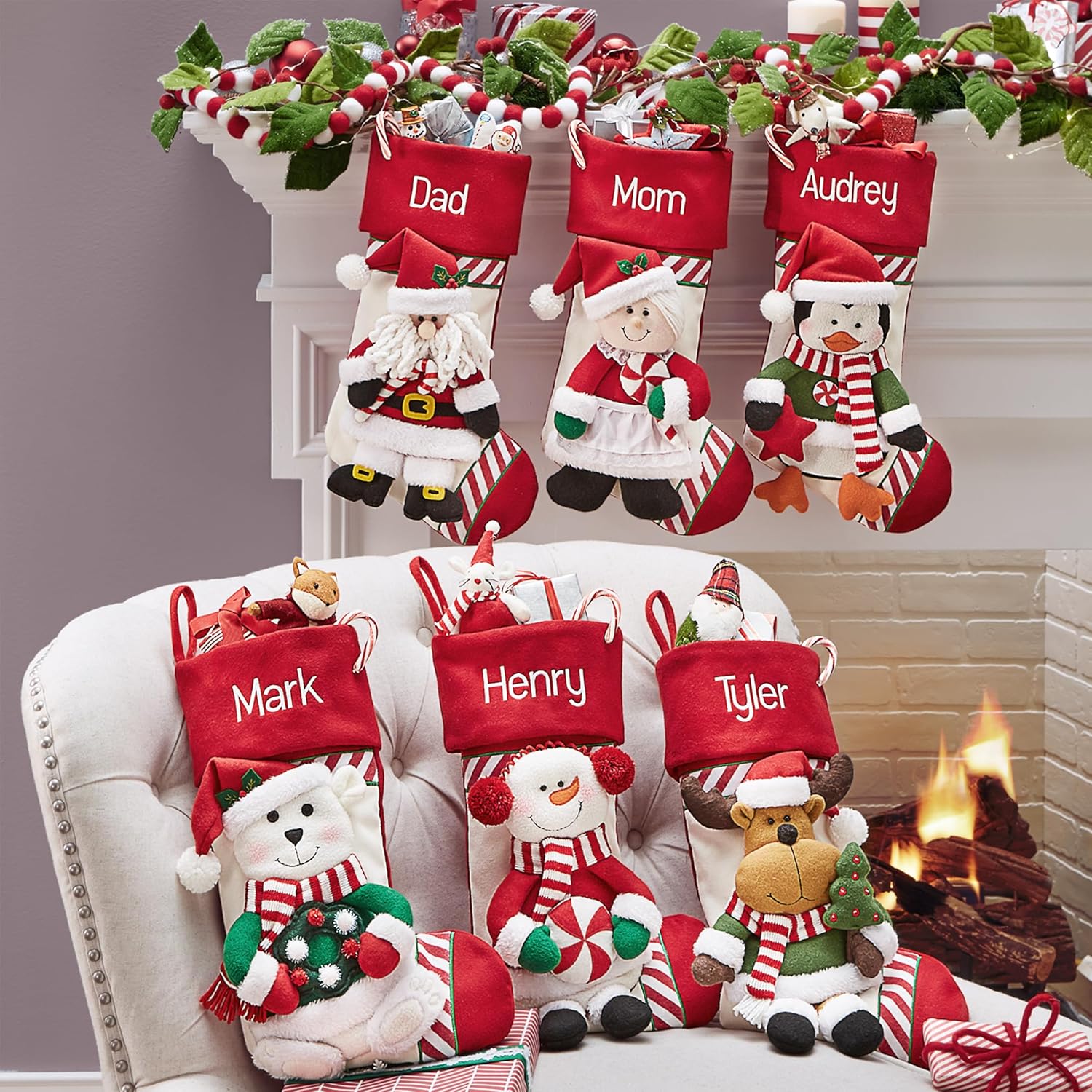 Let’s Make Memories Calcetín de Navidad personalizado, familia de bastones de caramelo, medias para la familia, bordados, felpa 3D, decoración de