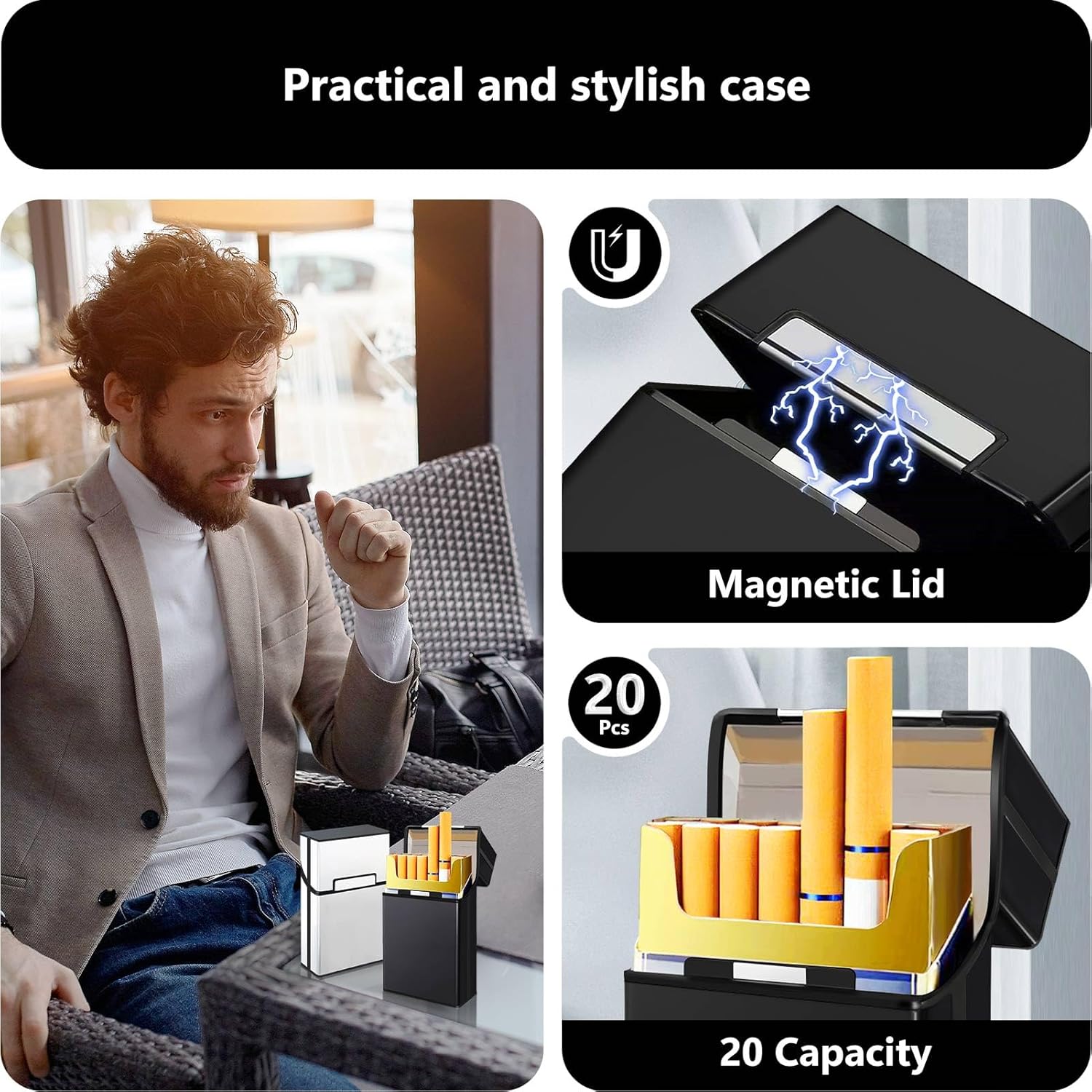 roygra Caja de cigarrillos, interruptor magnético de aluminio con capacidad para 20  2 unidades (negro + plata, 3.346 in tamaño King)