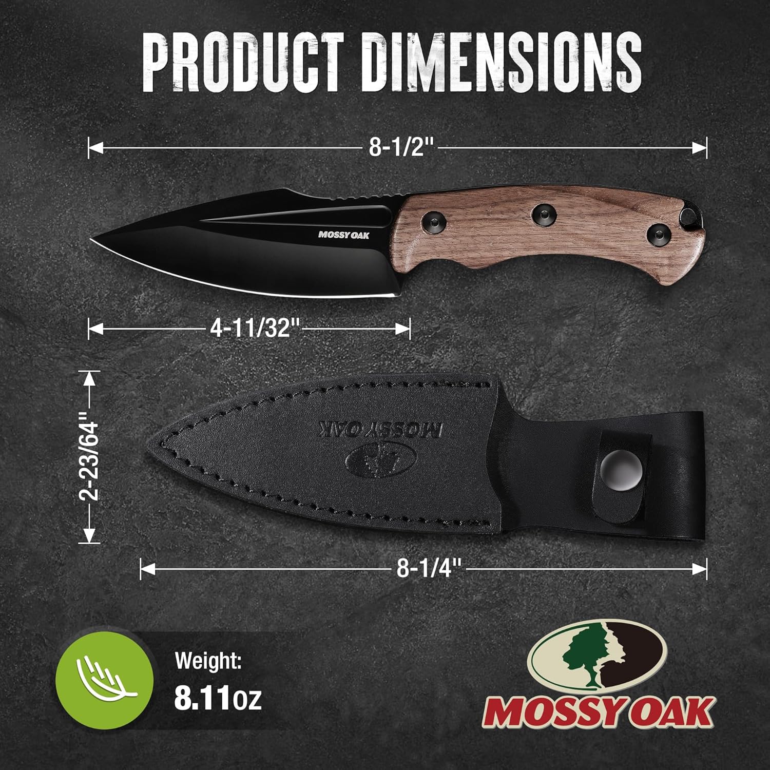Mossy Oak Cuchillo de hoja fija de 8.5″ con funda de cuero-mango de madera