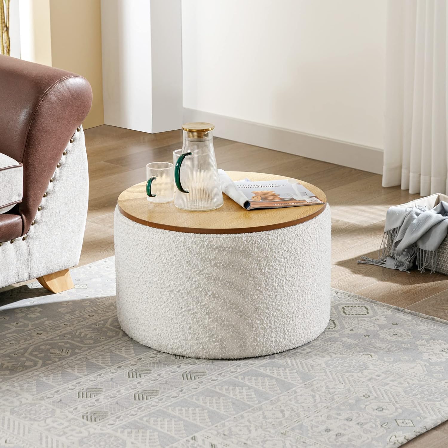 Zibeths Otomana de almacenamiento, otomana con almacenamiento para sala de estar, reposapiés Farbic Beige Boucle, mesa auxiliar con tapa de madera,