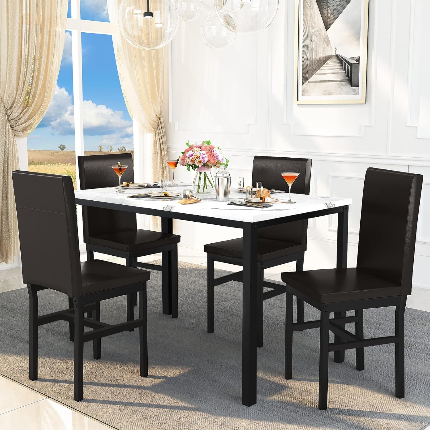 Recaceik Juego de mesa de comedor de 5 piezas para 4 personas, moderno juego de mesa de cocina de 47 pulgadas con parte superior de mármol
