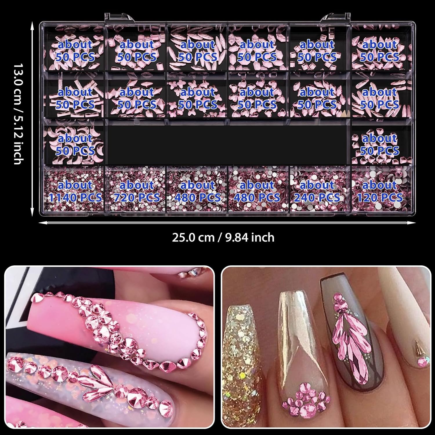 Noverlife Juego de 3830 diamantes de imitación rosados para arte de uñas, multiformas, juego de diamantes de imitación para uñas, kit de piedras