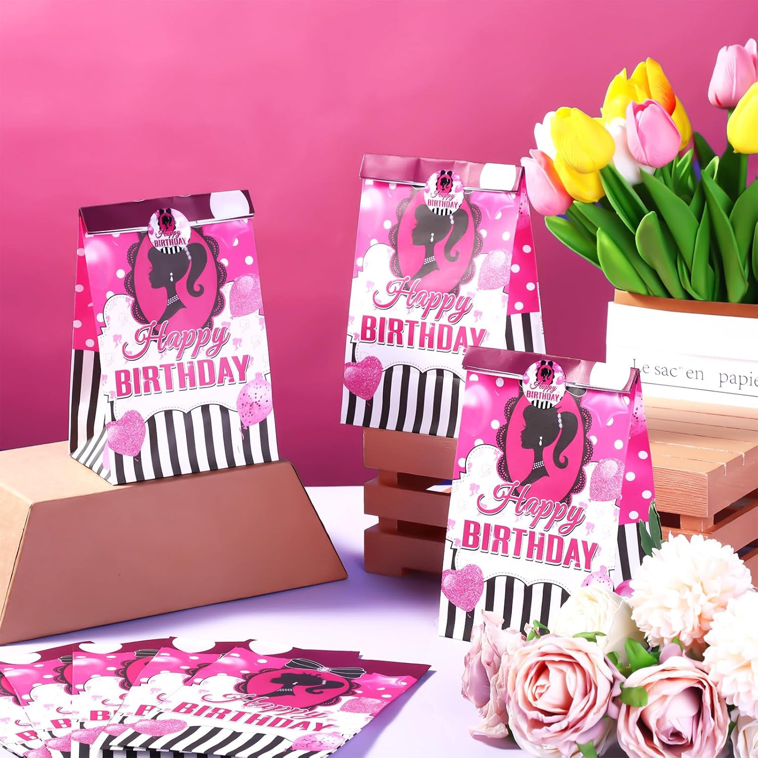 Tatuo 24 bolsas de regalo para fiesta de princesa, color rosa intenso, bolsas de regalo de papel de cumpleaños para niñas, bolsas de dulces para