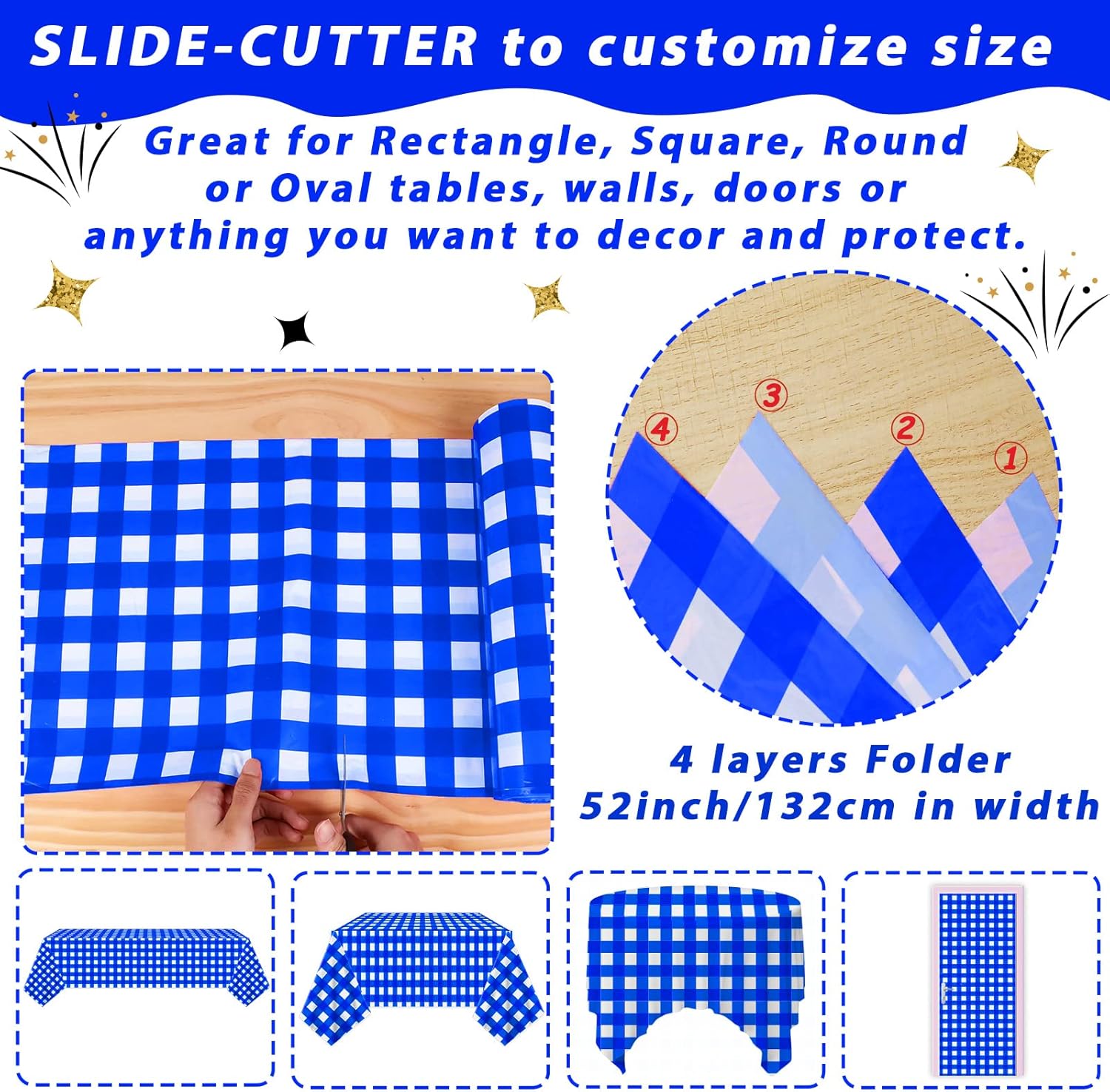 Blue Gingham Checkered Tablecloth Roll 52 in x 100 Ft with Slide Cutter Plastic Table Cloth Roll Blue Gingham Plastic Picnic Party Table Cover for