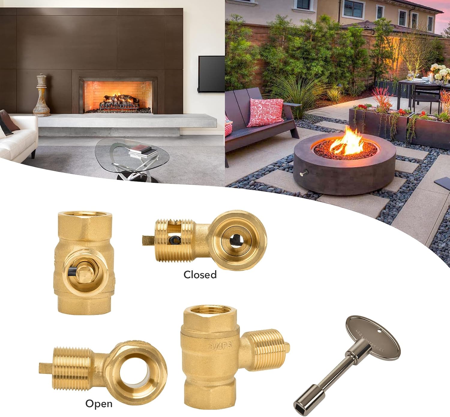 Skyflame Kit de válvula de llave de gas recta de 34 pulgadas para chimenea de hoguera con brida negra plana, llave universal de 3 pulgadas y 12