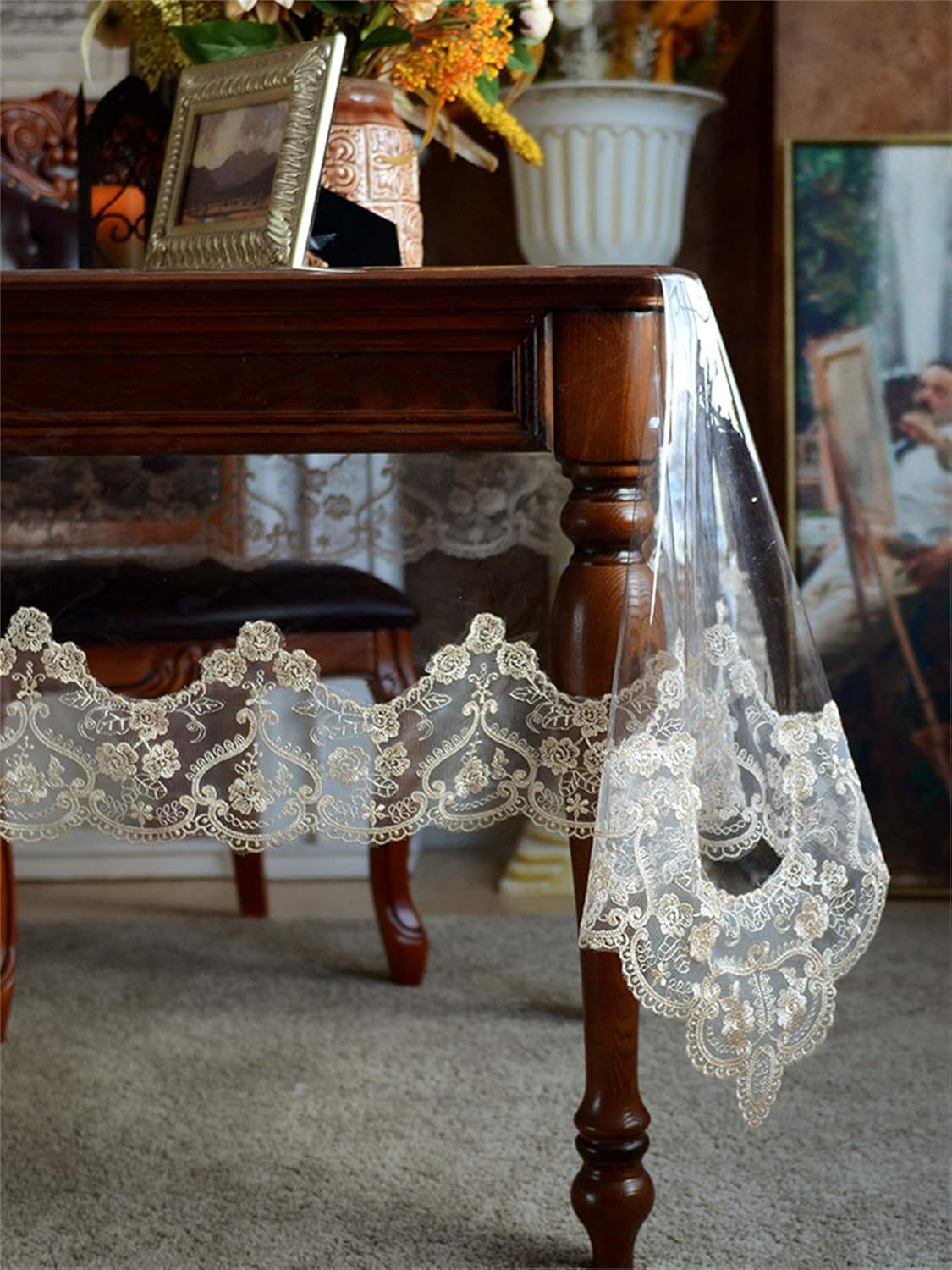 Mantel impermeable de plástico transparente, mantel rectangular de vinilo PVC con encaje de macramé, a prueba de derrames de aceite, mantel para