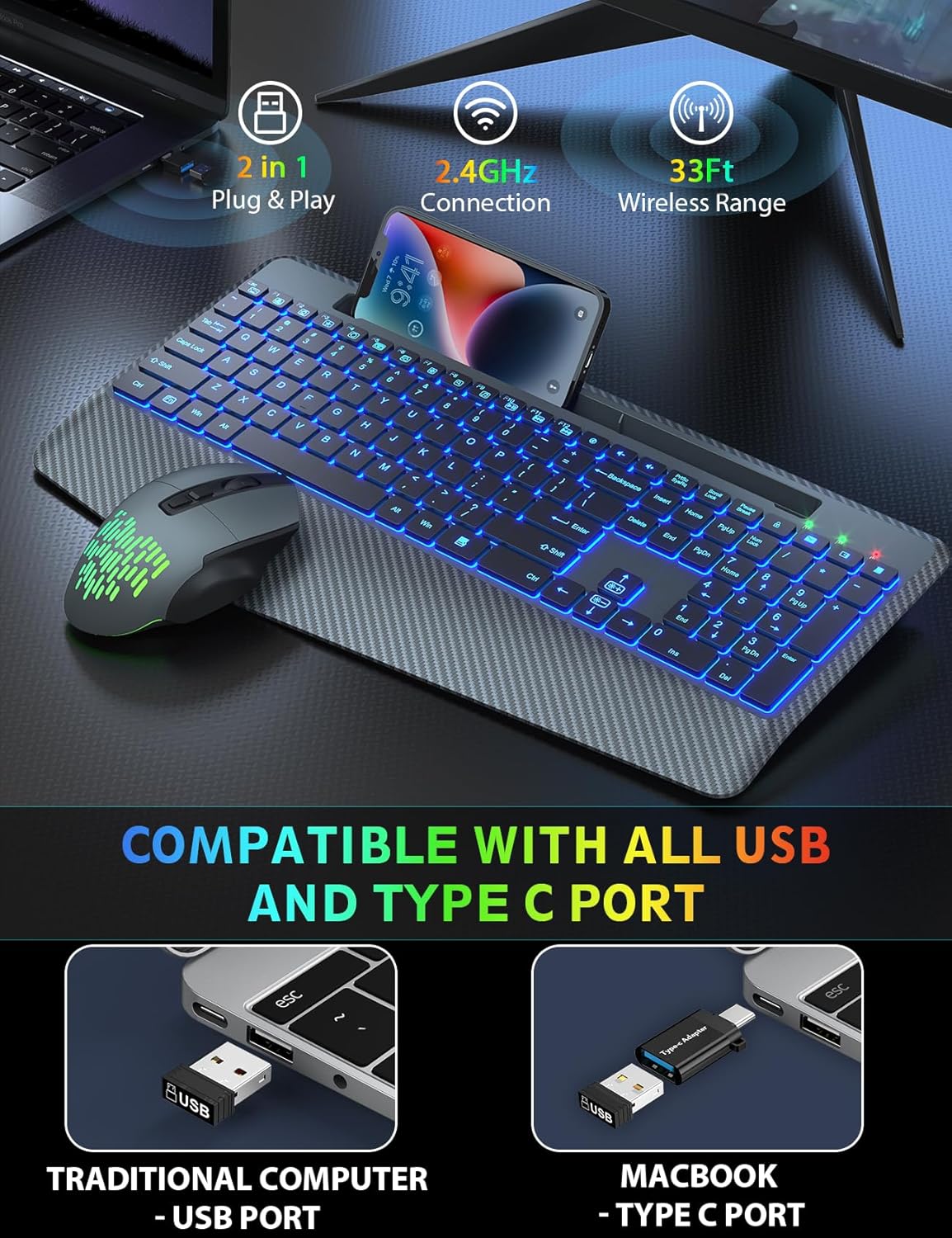 Retroiluminación inalámbrica para teclado y mouse, reposamuñecas, mouse Jiggler, teclado ergonómico recargable con soporte para teléfono, combo de