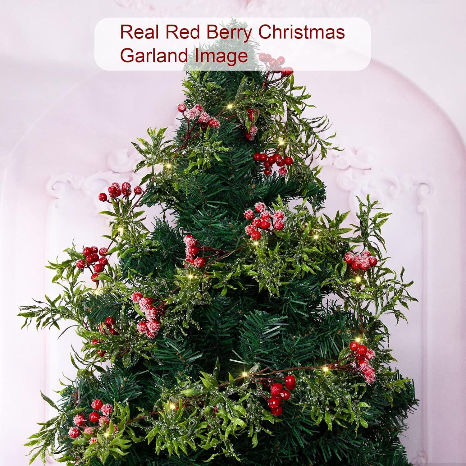 Guirnalda de luces artificiales de Navidad de 5.9 pies con 162 bayas rojas nevadas, 55 hojas verdes, 20 luces LED, funciona con pilas para