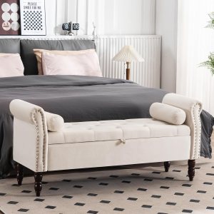 Banco de almacenamiento para dormitorio, banco de 57 pulgadas con almacenamiento, banco otomano de almacenamiento con brazo enrollado con botones Banco de almacenamiento para dormitorio, banco de 57 pulgadas con almacenamiento, banco otomano de almacenamiento con brazo enrollado con botones