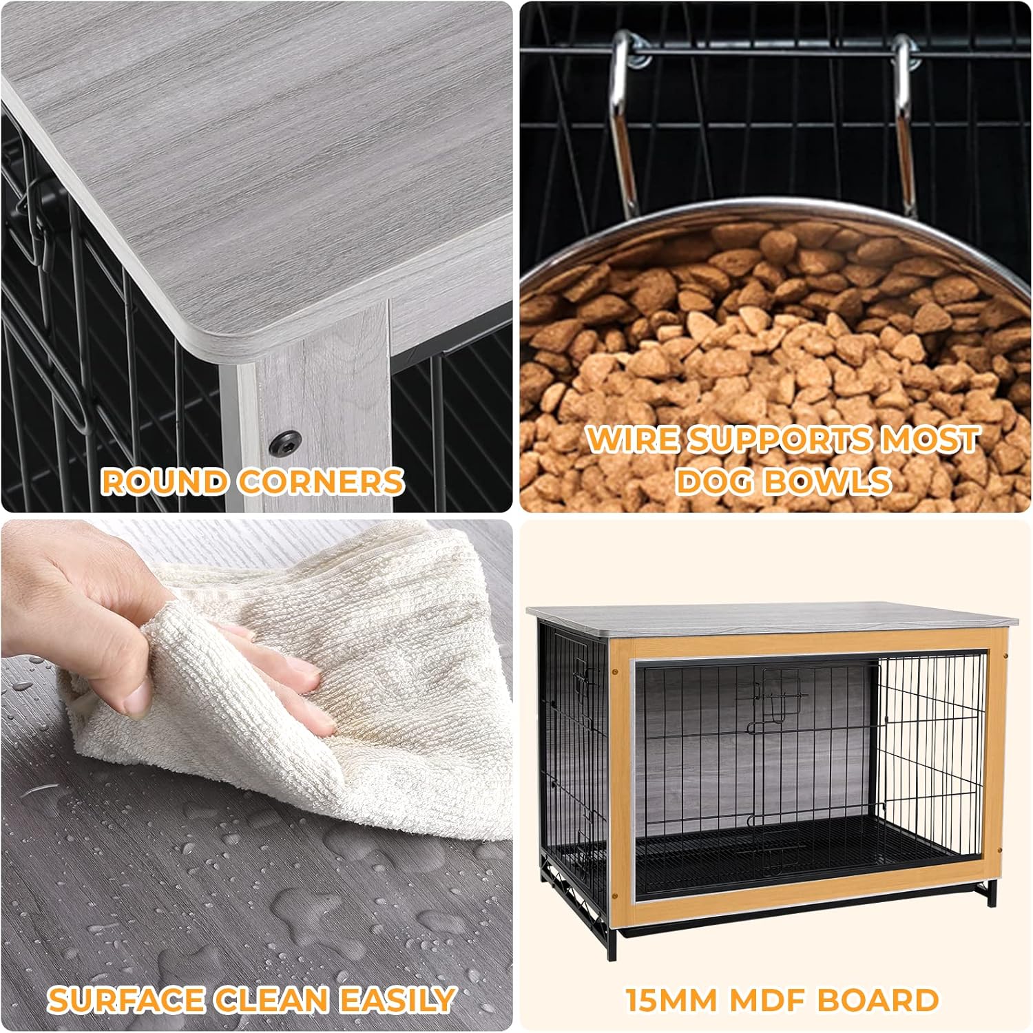TLSUNNY Muebles de jaula para perros, mesa de madera de 44.1 pulgadas, perrera de interior con 2 puertas, moderna jaula para perros con bandeja