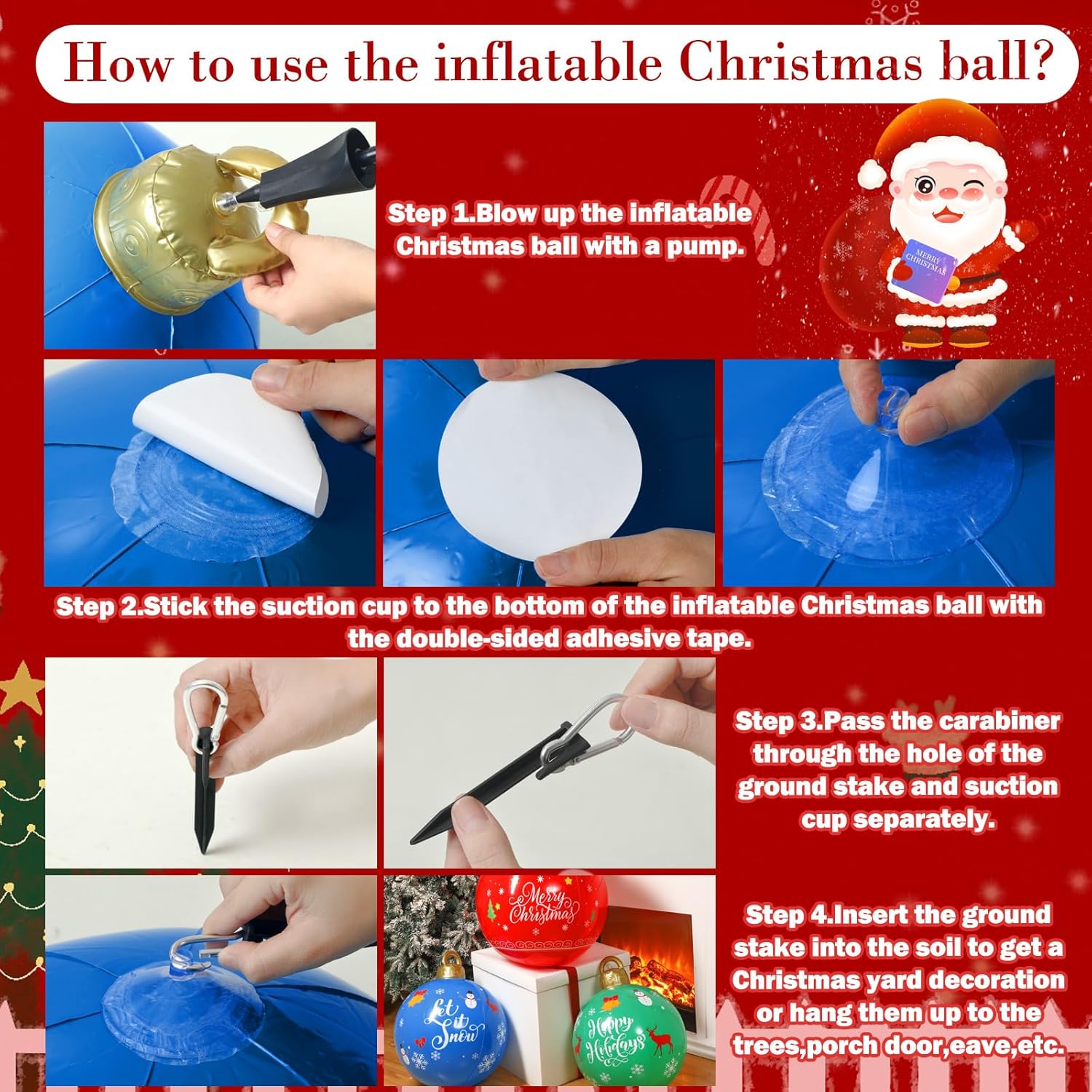Jetec 3 bolas inflables de Navidad gigantes de PVC, adornos inflables de Feliz Navidad al aire libre, deja que la nieve explote, decoración de