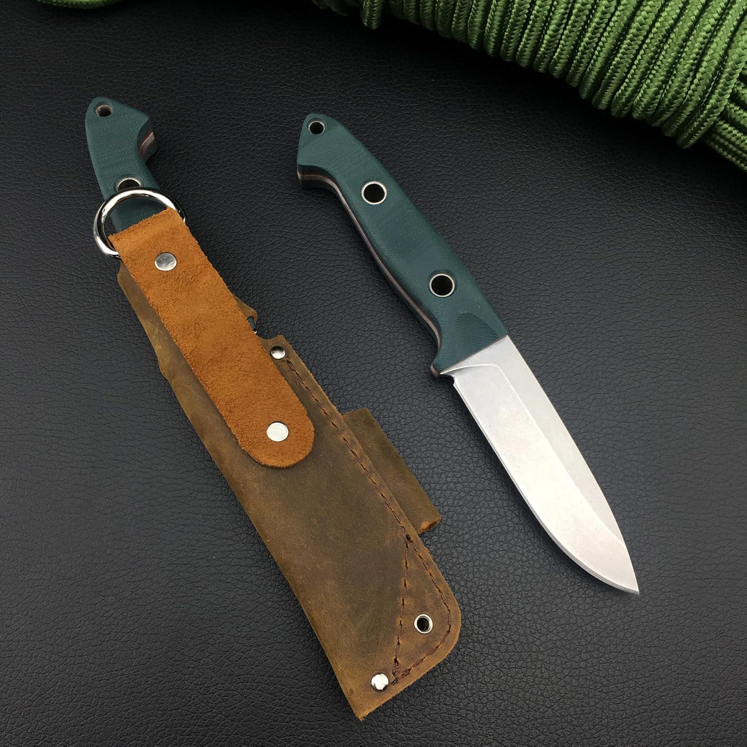 Buschcrafter 162 Cuchillo de hoja fija de 9.1 pulgadas con funda, cuchillo de caza al aire libre con hoja 7Cr17Mov de 3.9 pulgadas, mango verde G10,