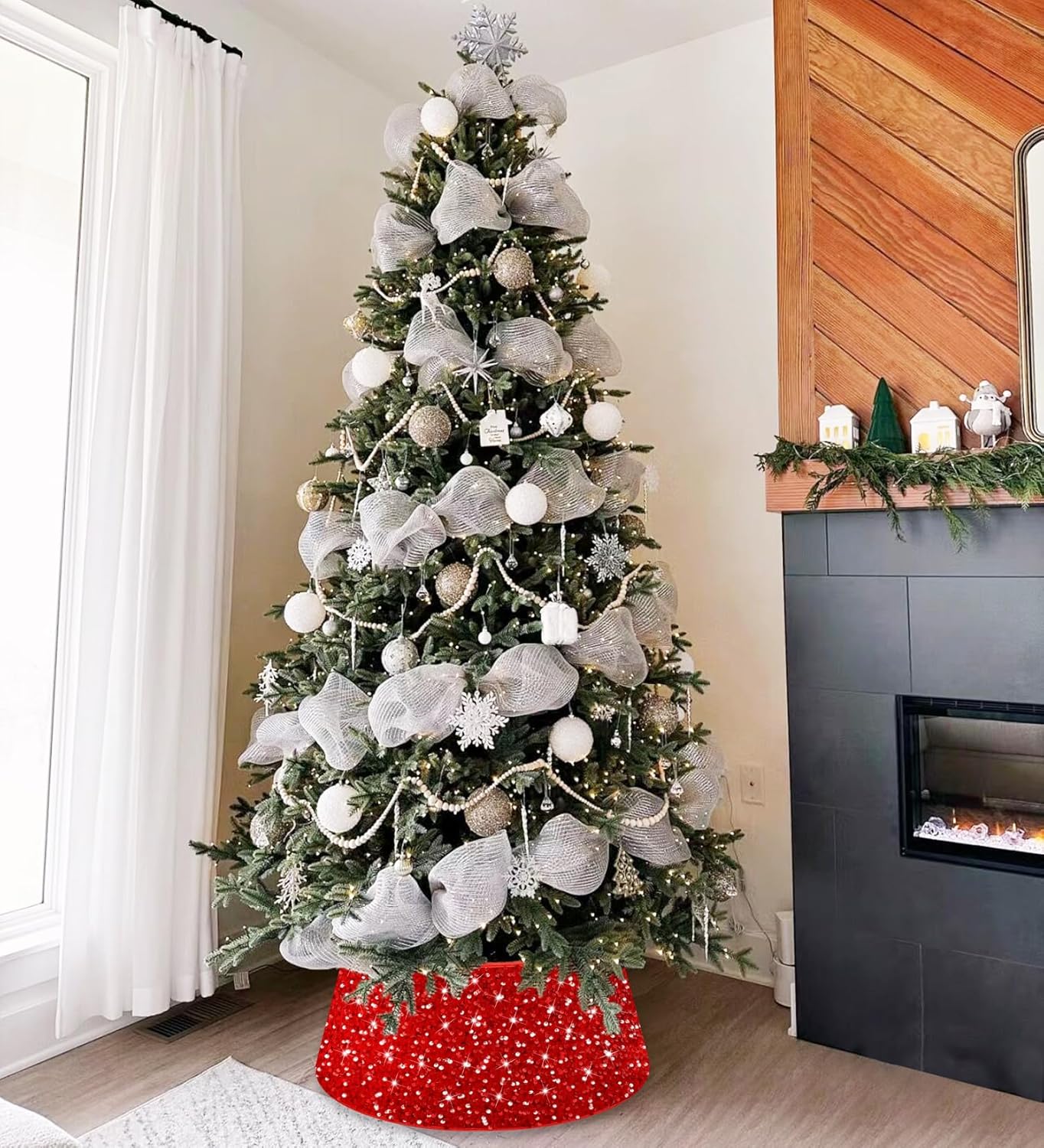Falda de árbol de Navidad roja con lentejuelas y lentejuelas de 23.6 pulgadas, faldas de terciopelo con purpurina para árbol de Navidad, anillo de