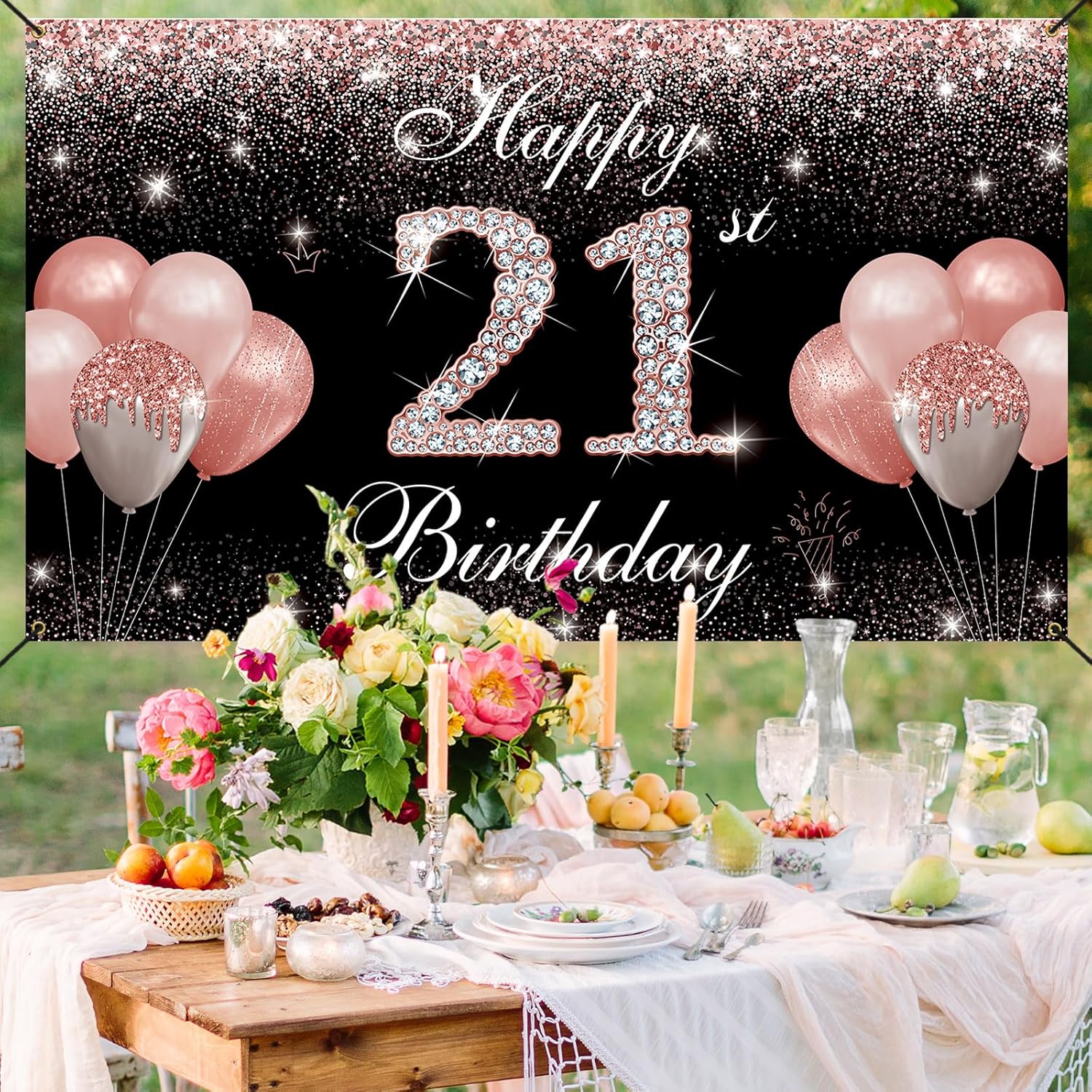 Decoraciones de 21 cumpleaños para ella, oro rosa, pancarta de fondo de feliz cumpleaños 21, fiesta de cumpleaños de 21 años, accesorios de cabina