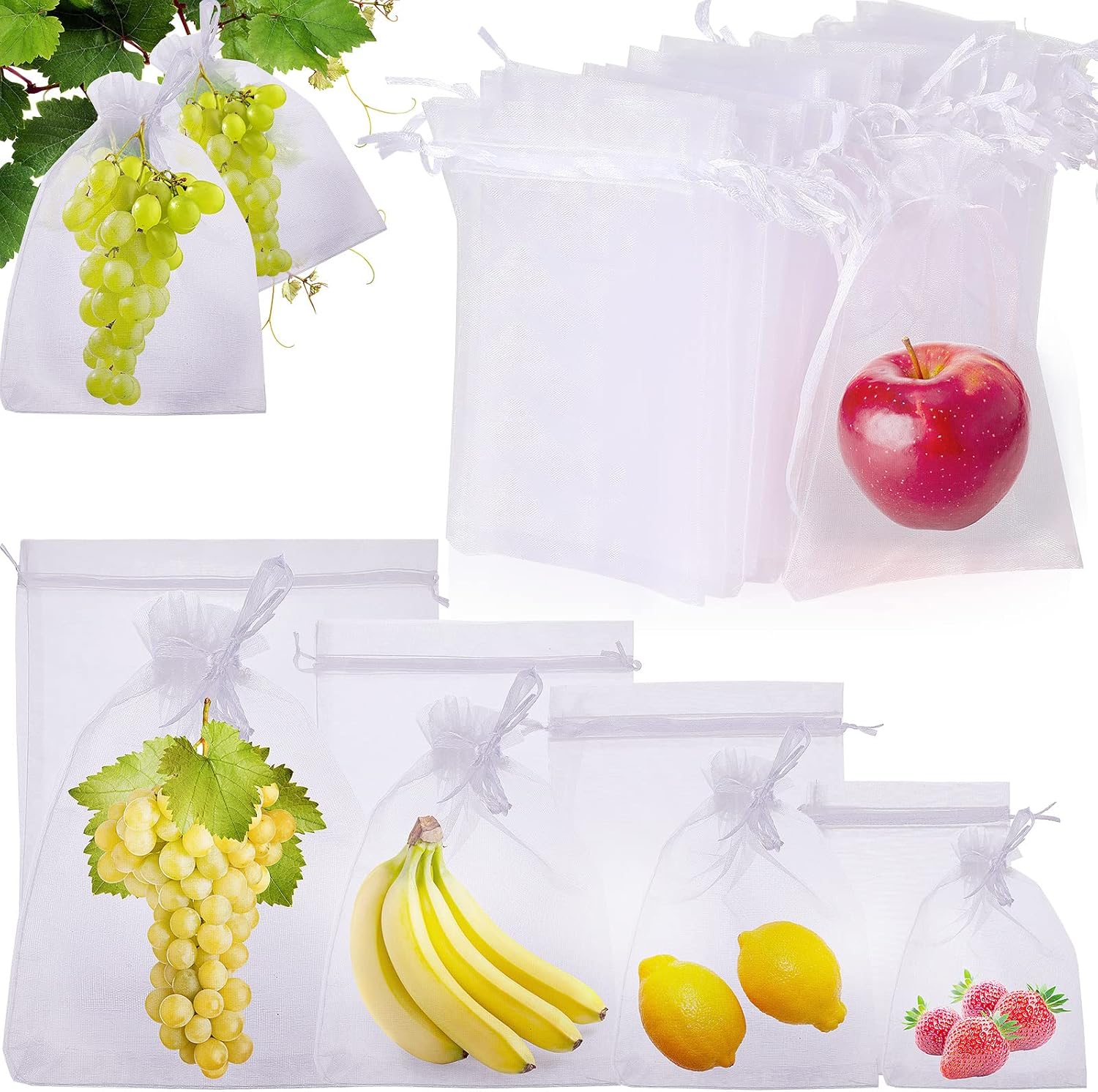 Irenare Bolsas de protección de frutas, bolsas de red de frutas con cordón de organza blanca, bolsa de malla para plantas, frutas, verduras, árboles